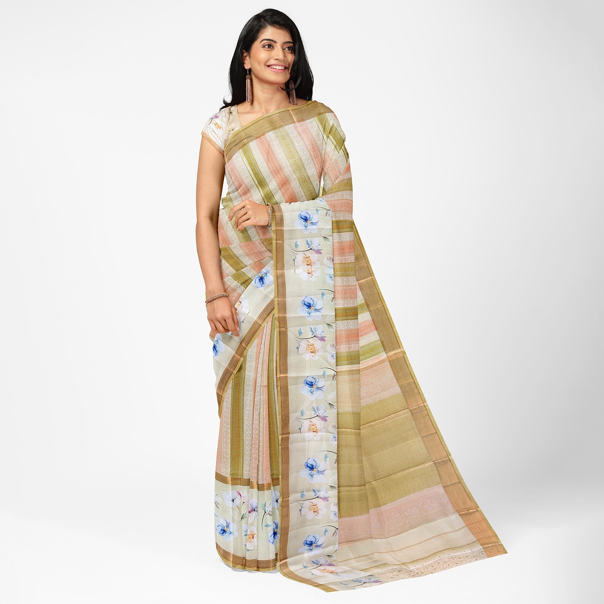 Pastel Shade Multicolor Pure Organza Silk Saree with Printed Floral Border – Elegant Designer Saree Online - New Sudarshan Silks`