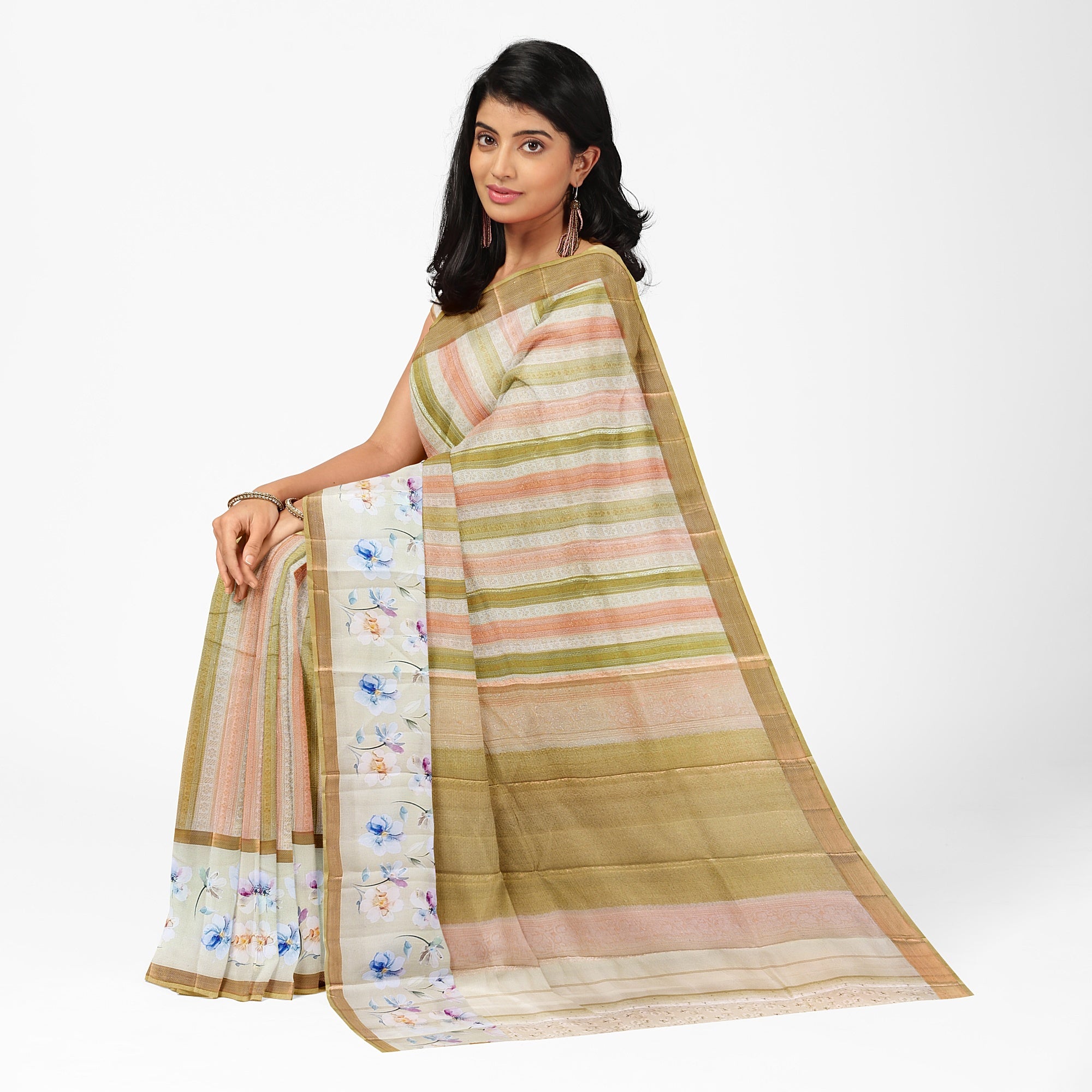 Pastel Shade Multicolor Pure Organza Silk Saree with Printed Floral Border – Elegant Designer Saree Online - New Sudarshan Silks`