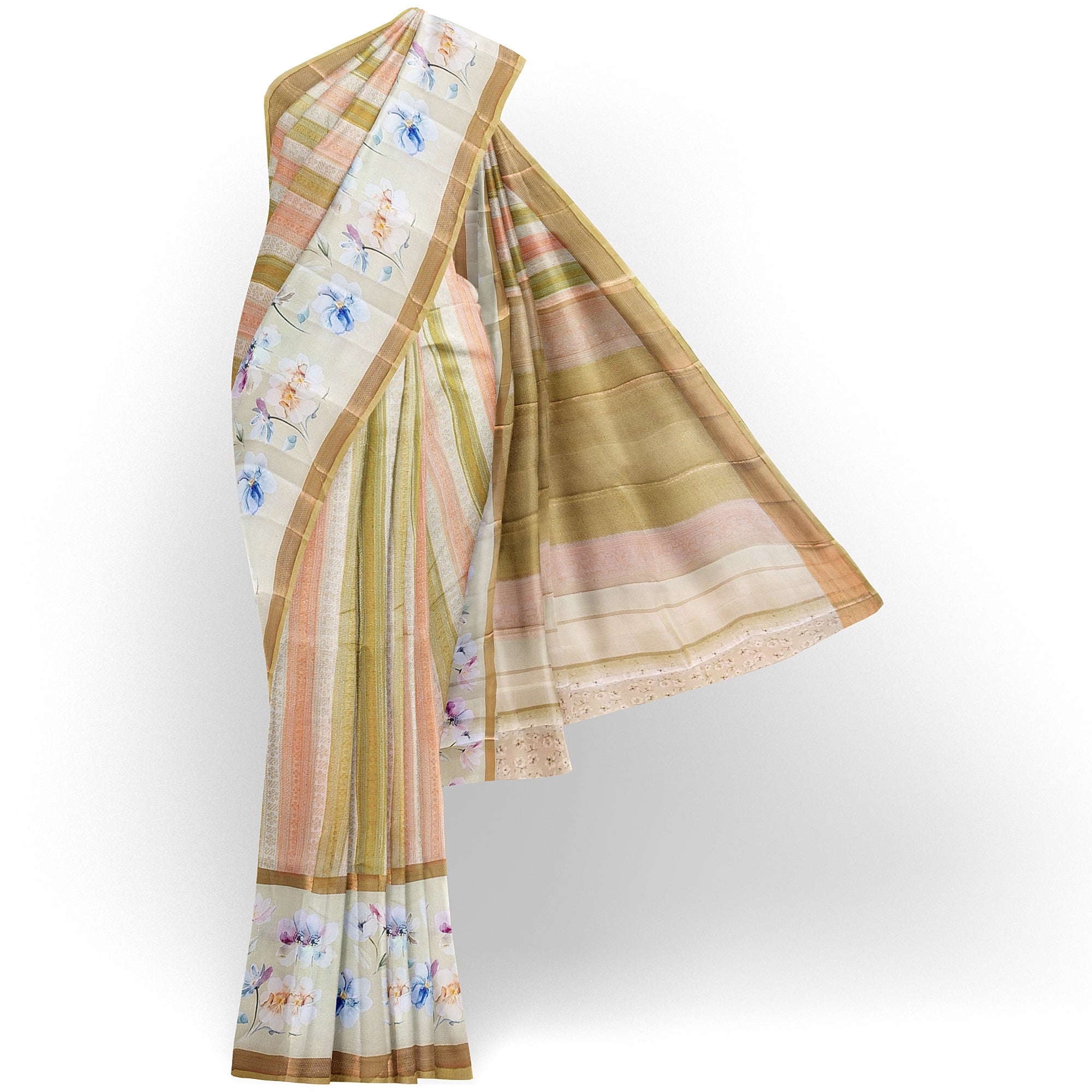 Pastel Shade Multicolor Pure Organza Silk Saree with Printed Floral Border – Elegant Designer Saree Online - New Sudarshan Silks`