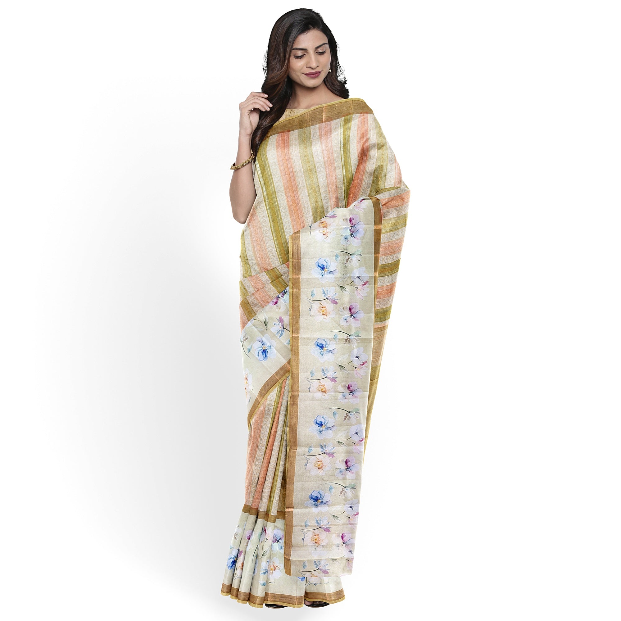 Pastel Shade Multicolor Pure Organza Silk Saree with Printed Floral Border – Elegant Designer Saree Online - New Sudarshan Silks`
