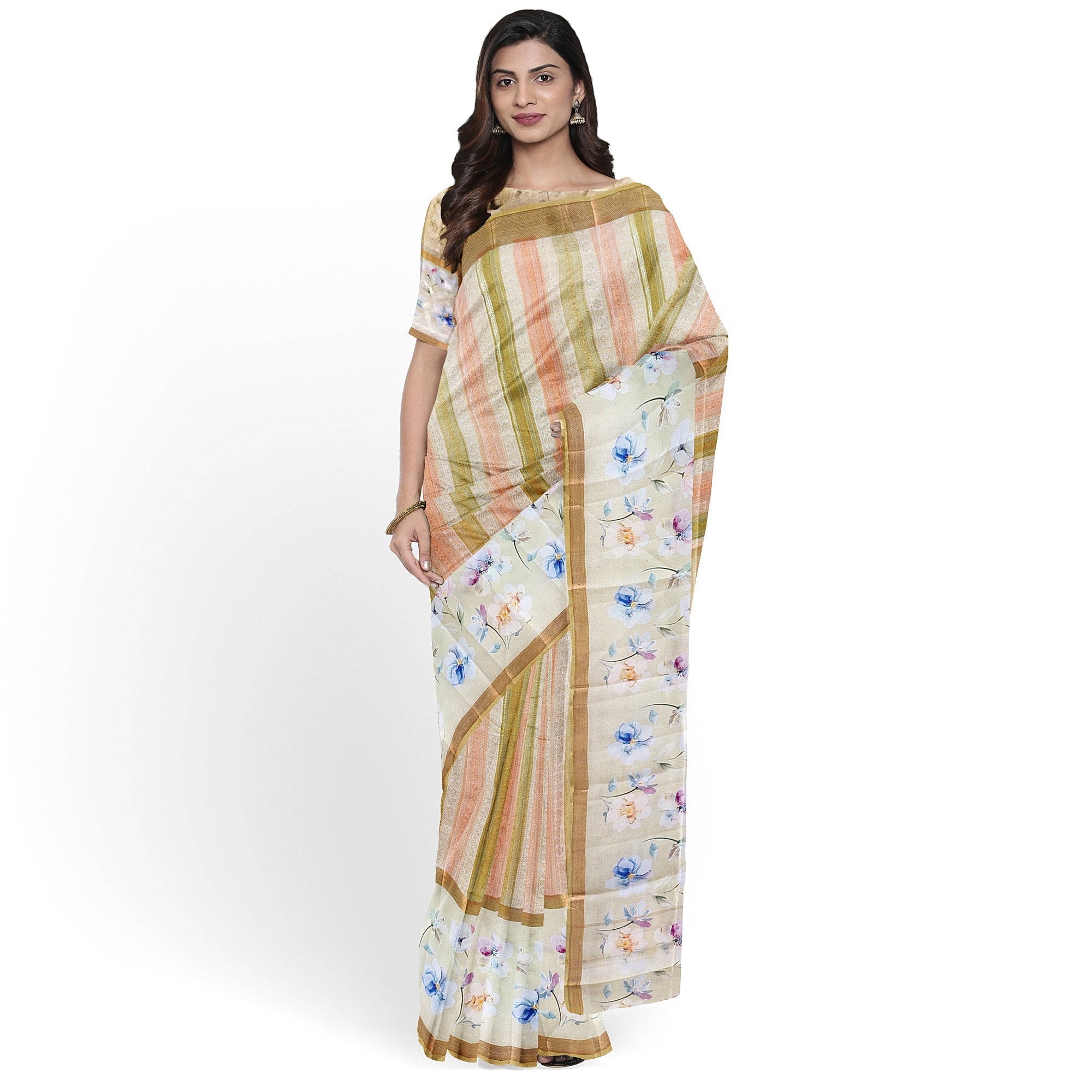 Pastel Shade Multicolor Pure Organza Silk Saree with Printed Floral Border – Elegant Designer Saree Online - New Sudarshan Silks`