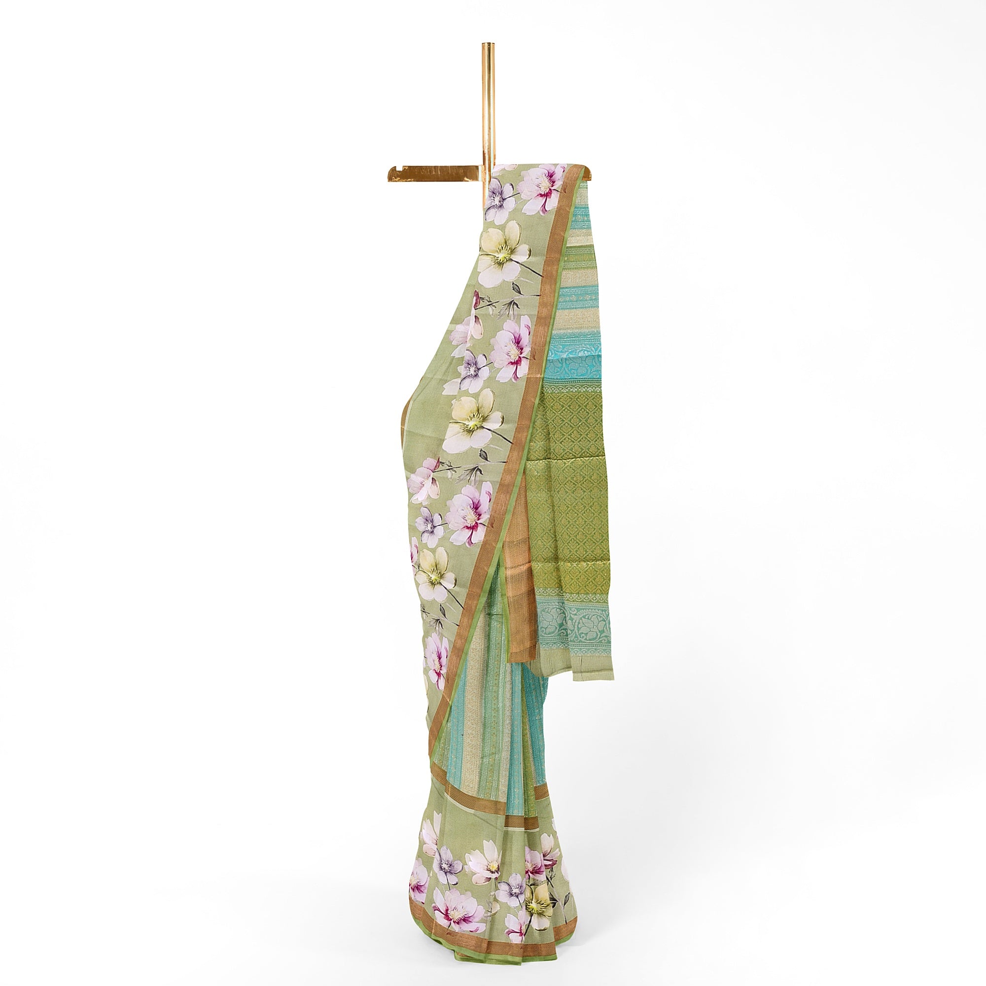 Pista Shade Pastel Shade Pure Organza Silk Saree with Printed Floral Border – Elegant Designer Saree Online - New Sudarshan Silks`