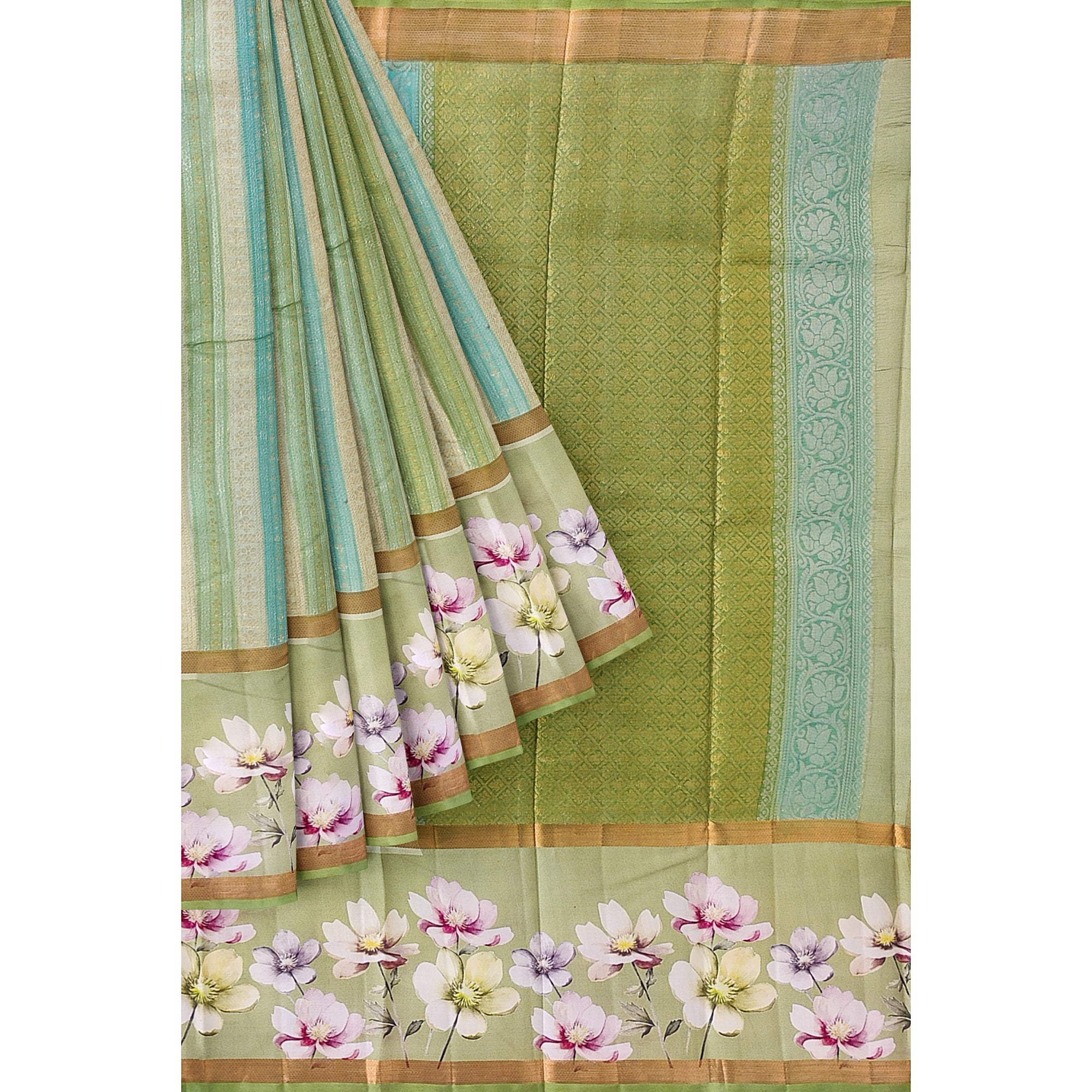 Pista Shade Pastel Shade Pure Organza Silk Saree with Printed Floral Border – Elegant Designer Saree Online - New Sudarshan Silks`