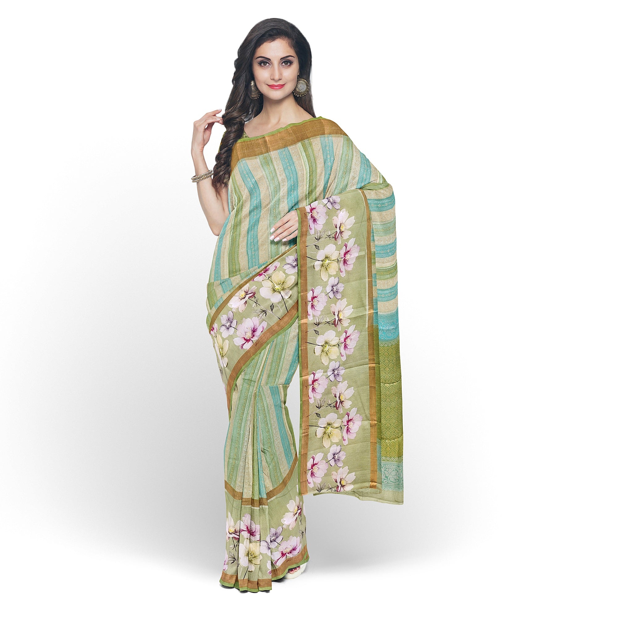 Pista Shade Pastel Shade Pure Organza Silk Saree with Printed Floral Border – Elegant Designer Saree Online - New Sudarshan Silks`