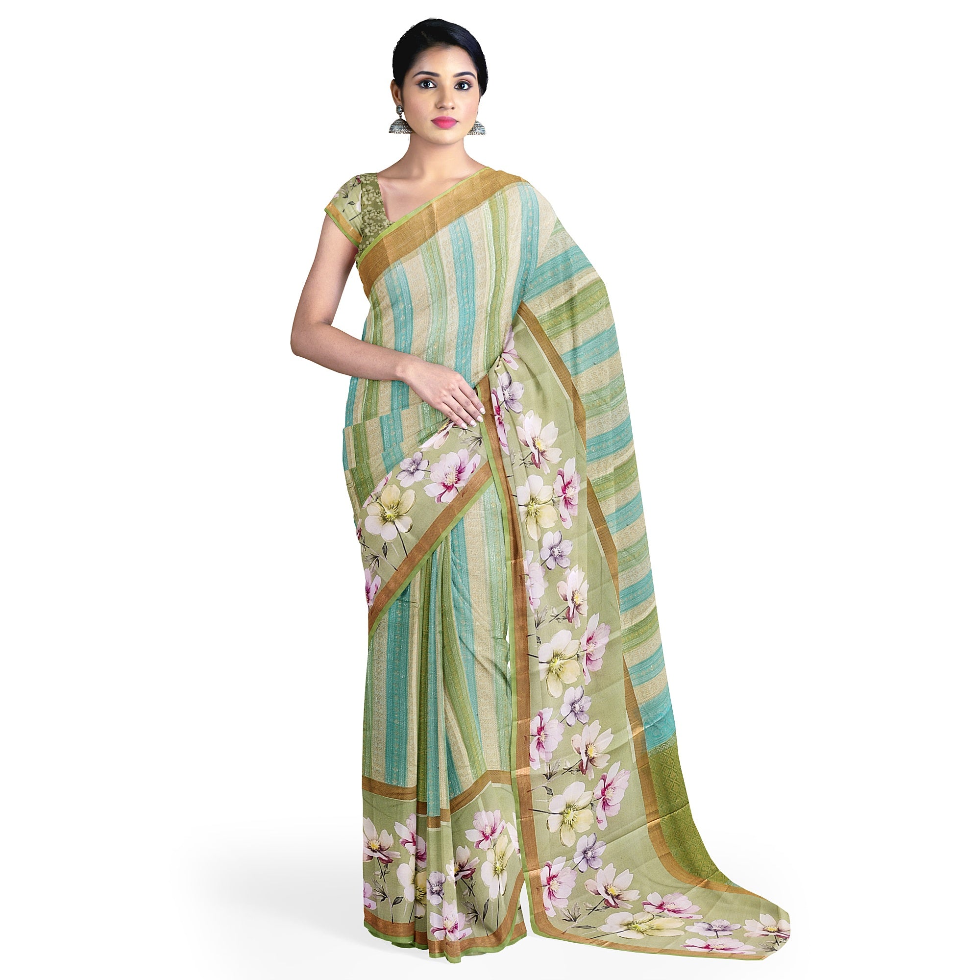 Pista Shade Pastel Shade Pure Organza Silk Saree with Printed Floral Border – Elegant Designer Saree Online - New Sudarshan Silks`