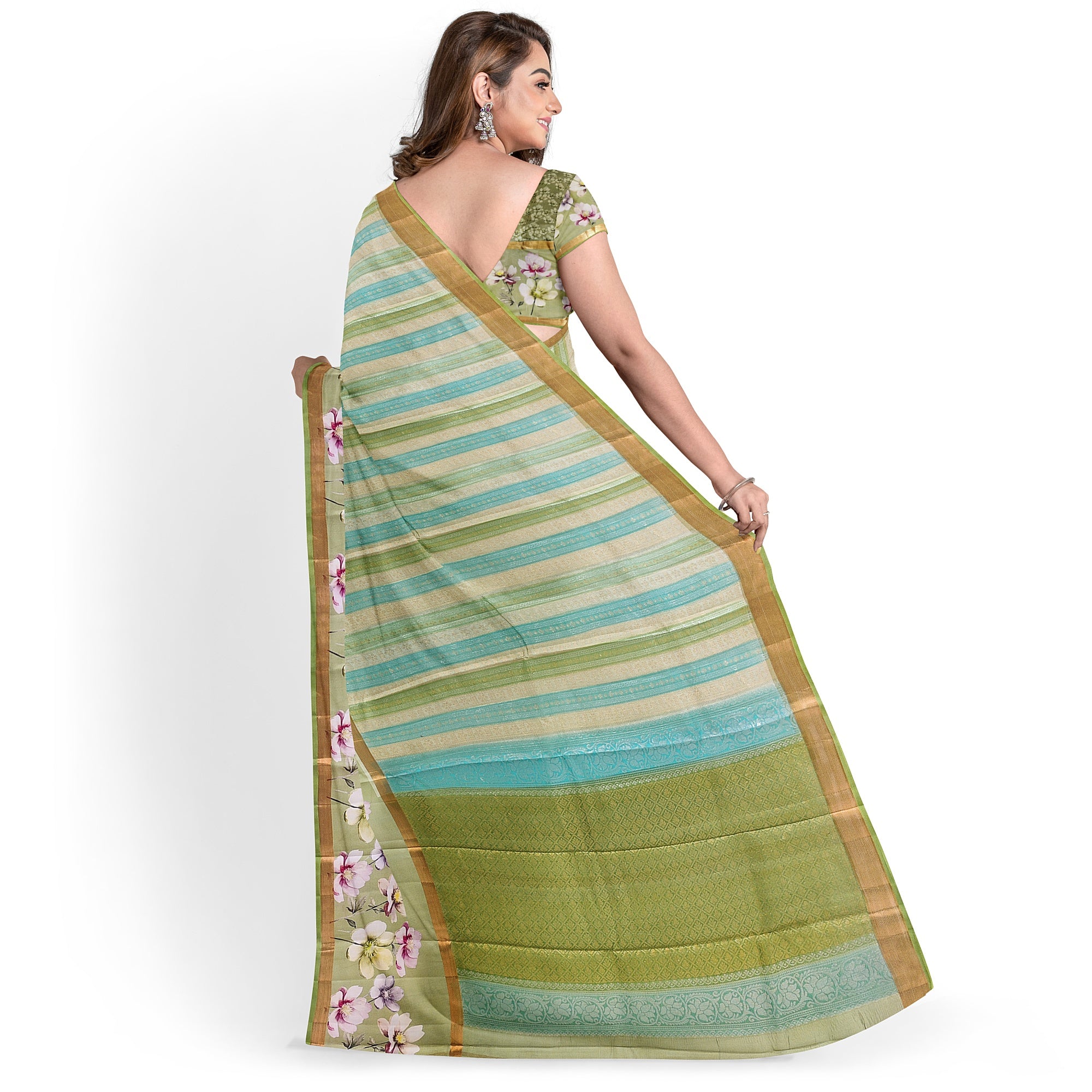 Pista Shade Pastel Shade Pure Organza Silk Saree with Printed Floral Border – Elegant Designer Saree Online - New Sudarshan Silks`