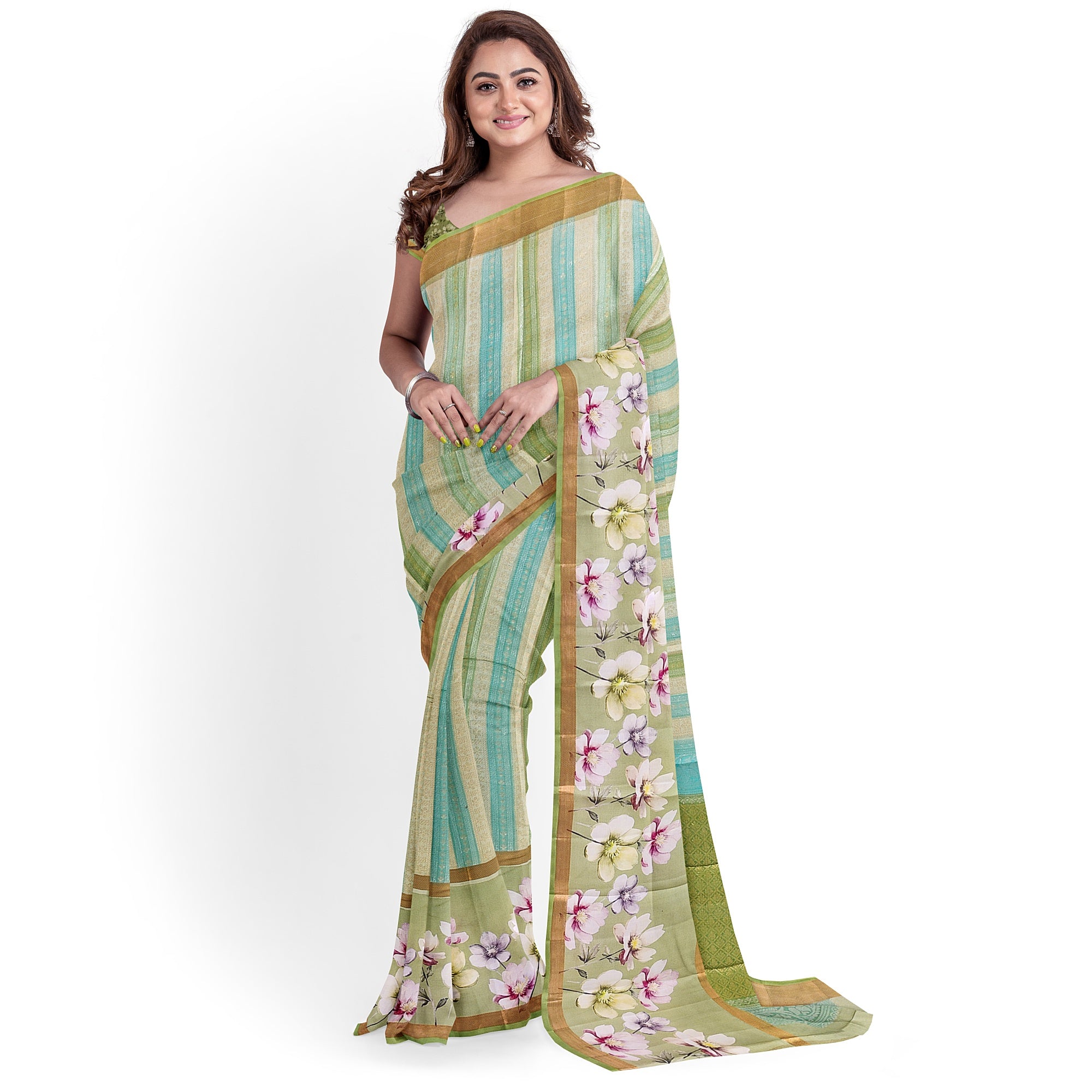 Pista Shade Pastel Shade Pure Organza Silk Saree with Printed Floral Border – Elegant Designer Saree Online - New Sudarshan Silks`