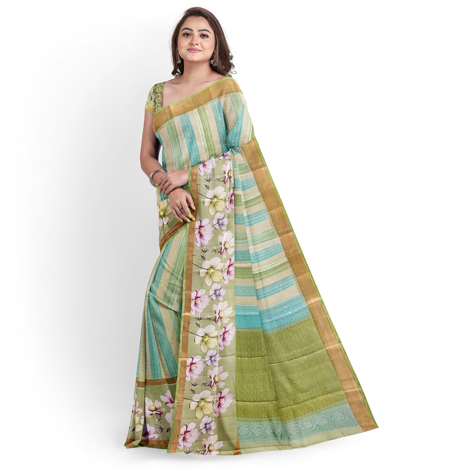 Pista Shade Pastel Shade Pure Organza Silk Saree with Printed Floral Border – Elegant Designer Saree Online - New Sudarshan Silks`