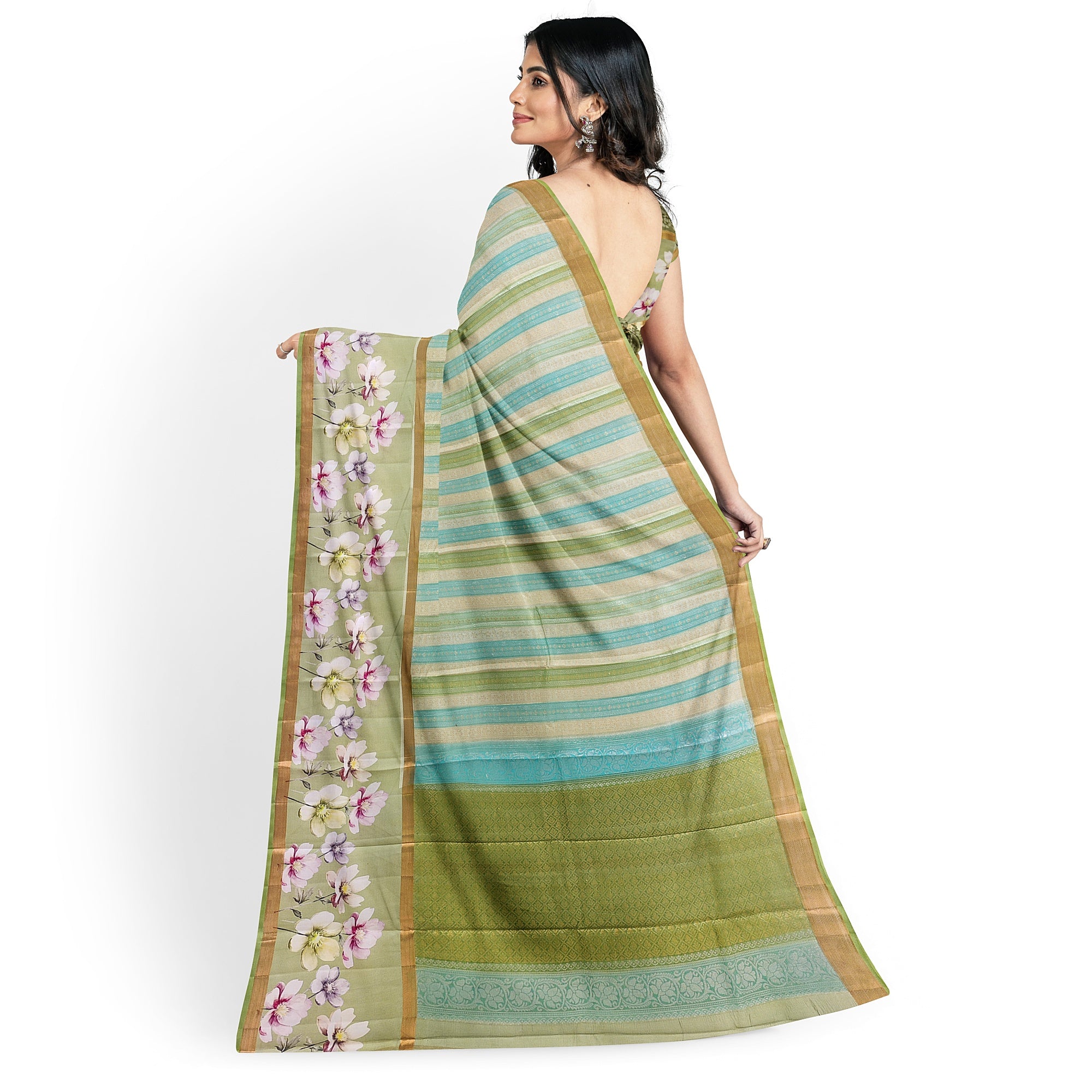 Pista Shade Pastel Shade Pure Organza Silk Saree with Printed Floral Border – Elegant Designer Saree Online - New Sudarshan Silks`