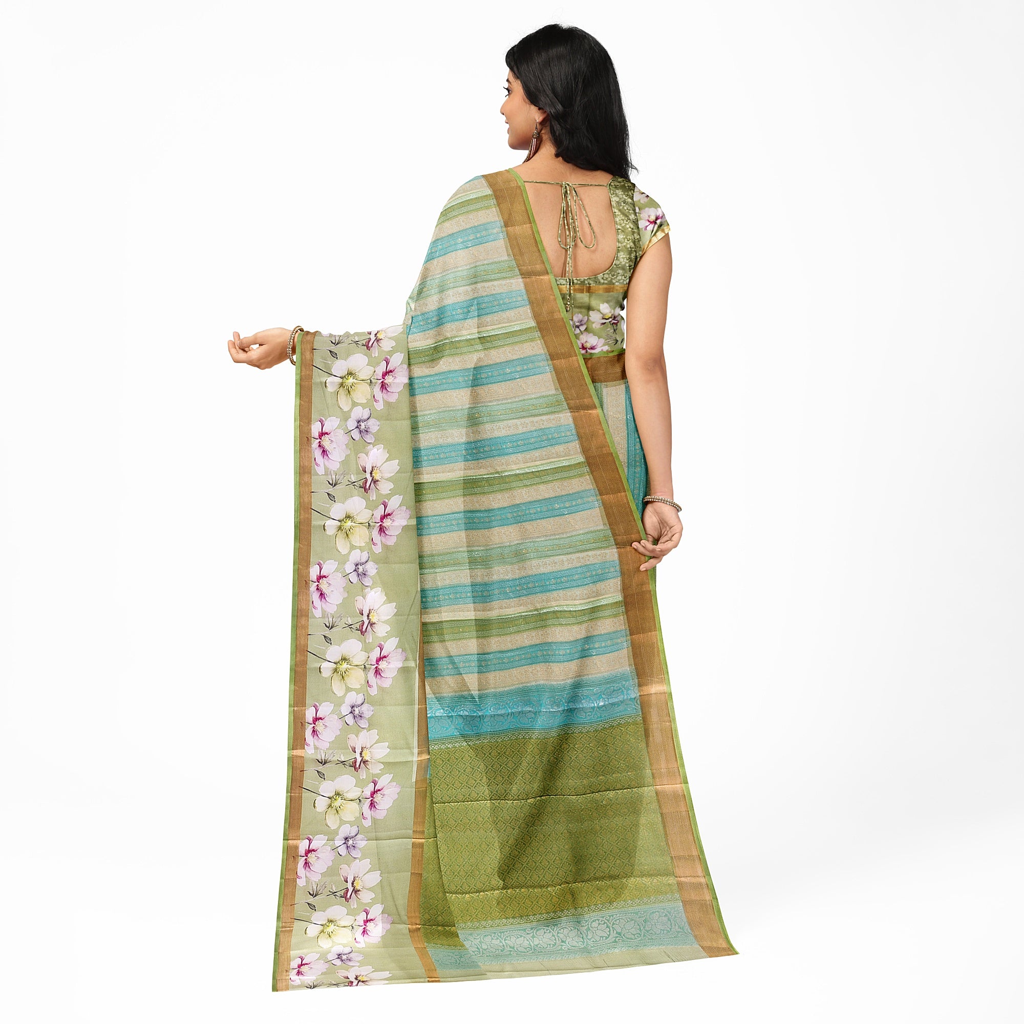 Pista Shade Pastel Shade Pure Organza Silk Saree with Printed Floral Border – Elegant Designer Saree Online - New Sudarshan Silks`