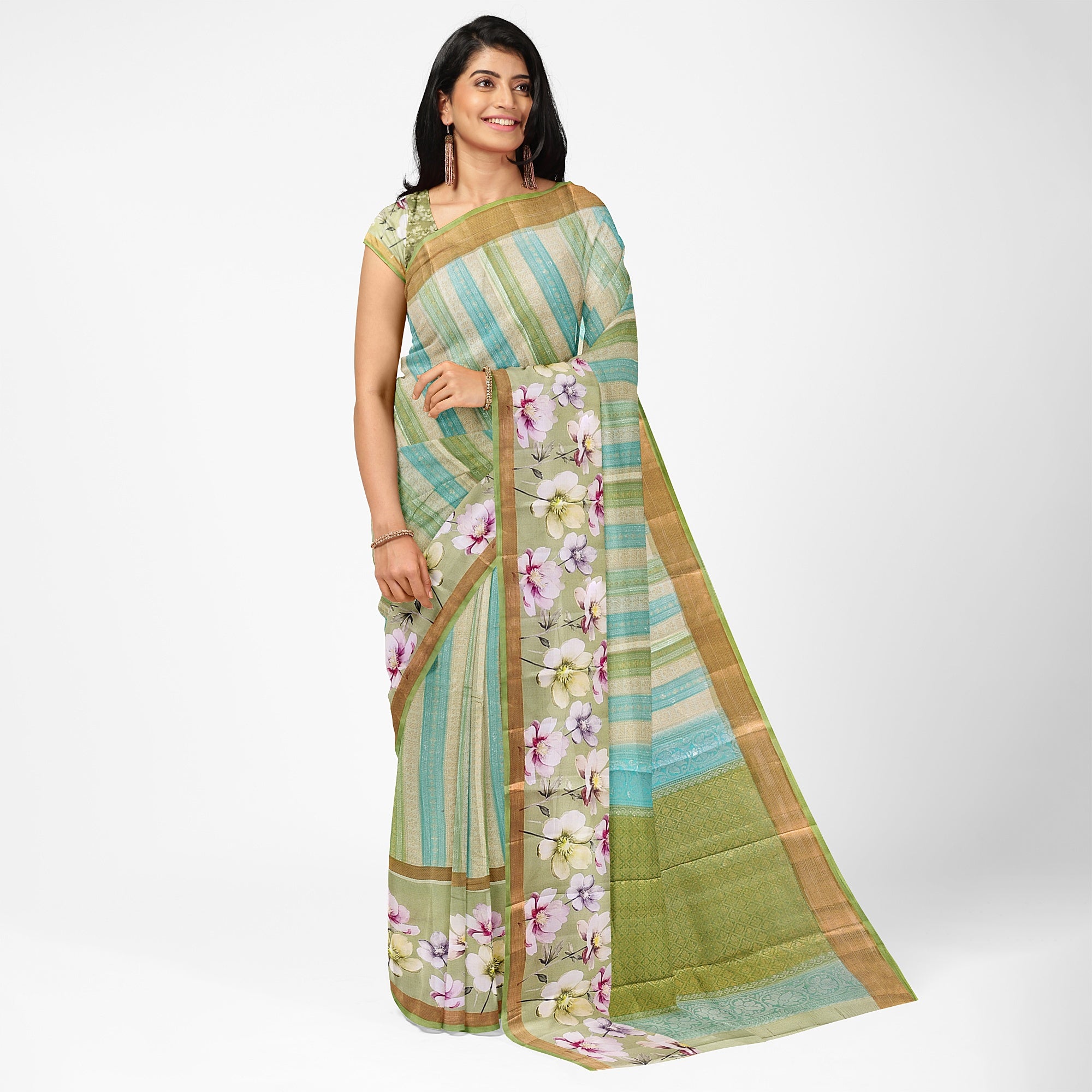 Pista Shade Pastel Shade Pure Organza Silk Saree with Printed Floral Border – Elegant Designer Saree Online - New Sudarshan Silks`