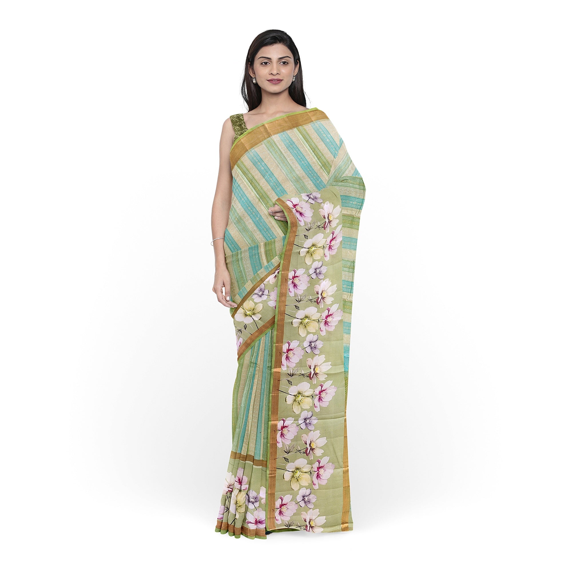 Pista Shade Pastel Shade Pure Organza Silk Saree with Printed Floral Border – Elegant Designer Saree Online - New Sudarshan Silks`
