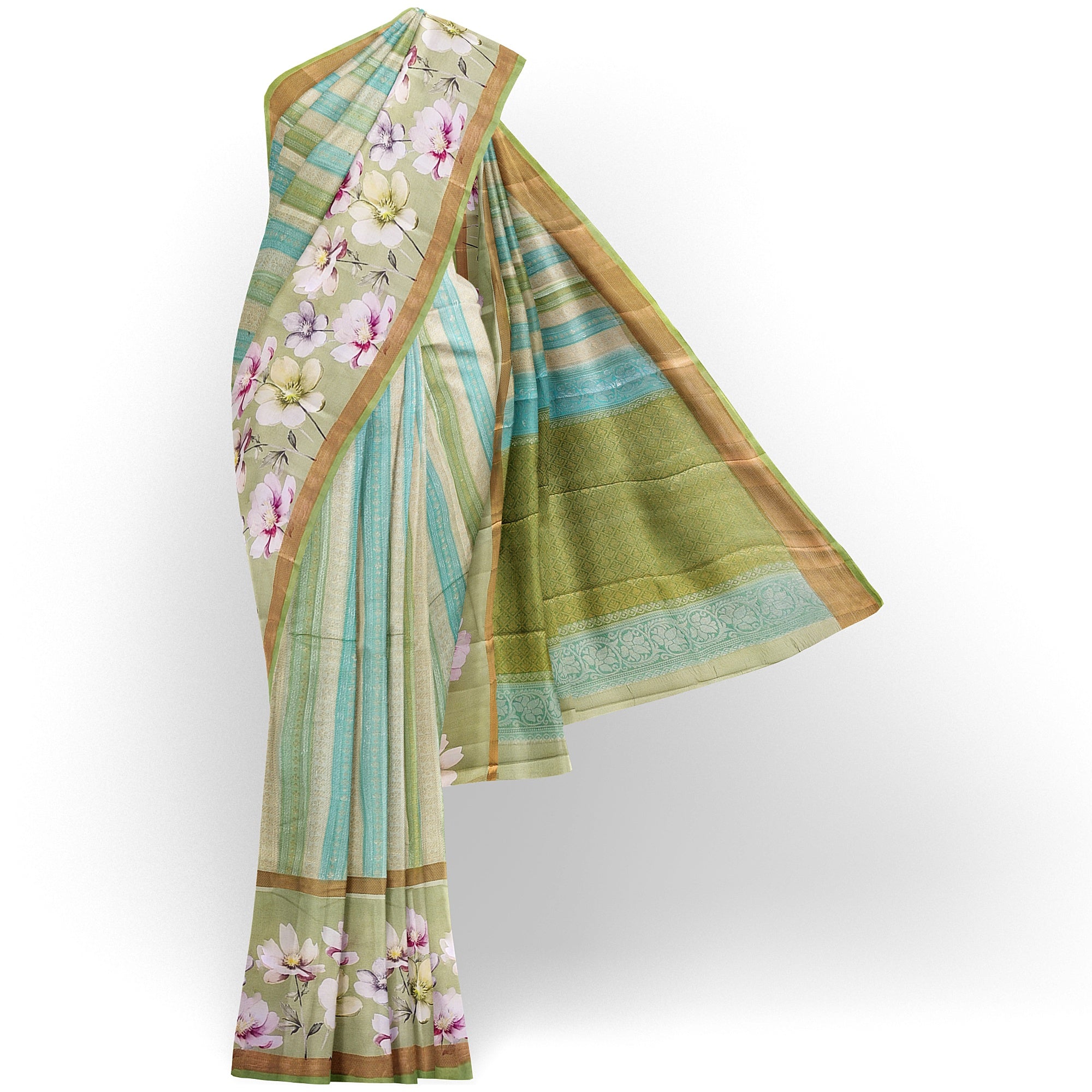 Pista Shade Pastel Shade Pure Organza Silk Saree with Printed Floral Border – Elegant Designer Saree Online - New Sudarshan Silks`