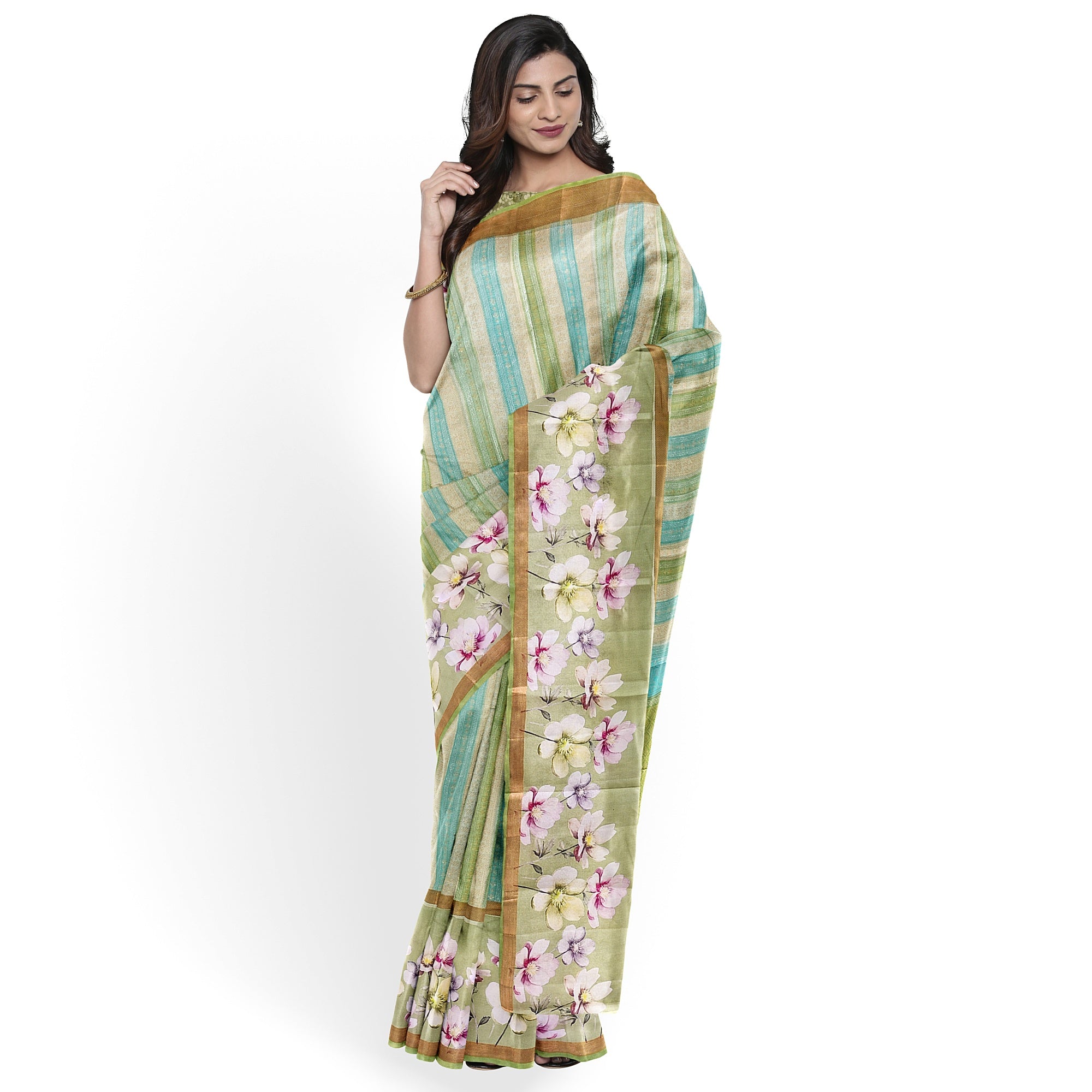 Pista Shade Pastel Shade Pure Organza Silk Saree with Printed Floral Border – Elegant Designer Saree Online - New Sudarshan Silks`