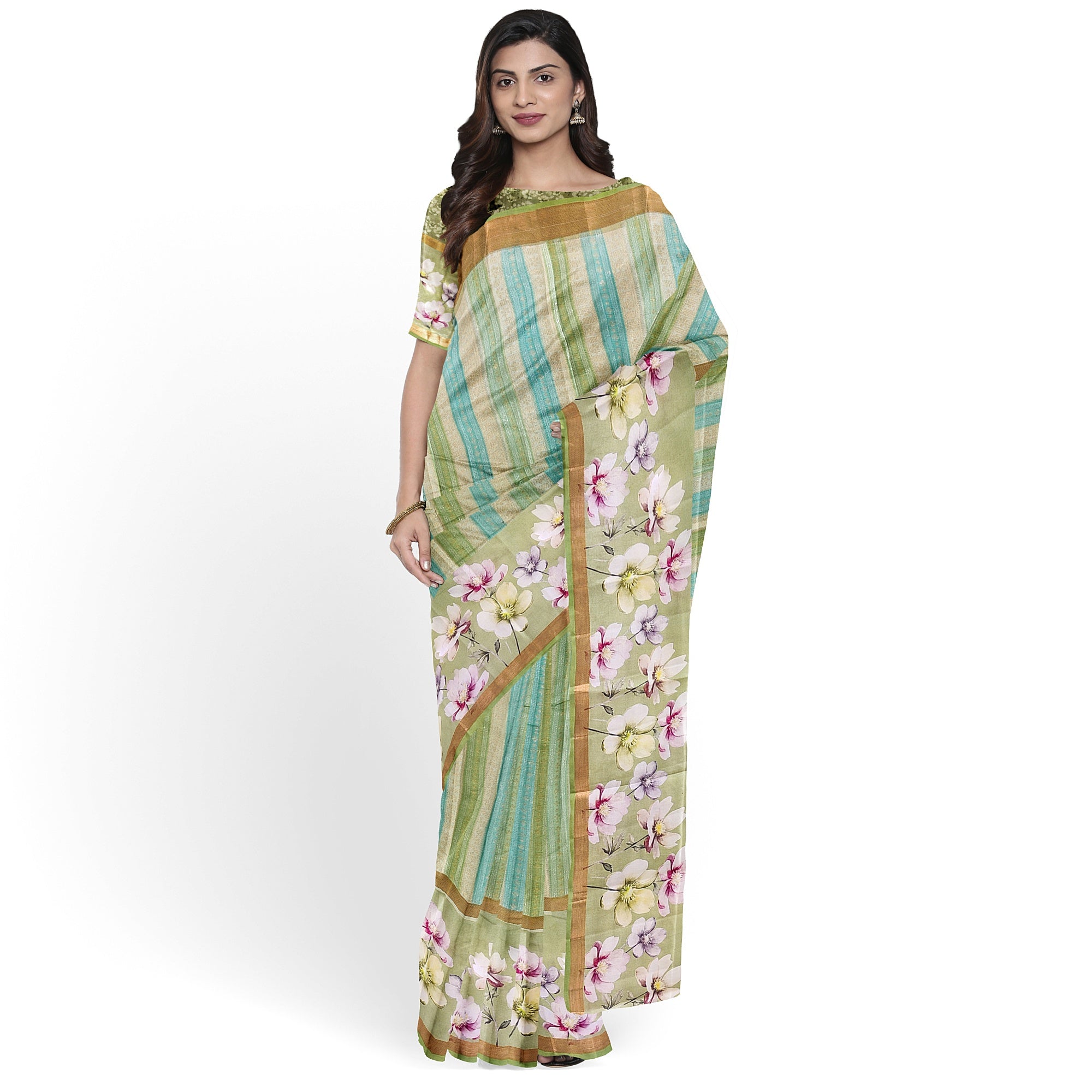 Pista Shade Pastel Shade Pure Organza Silk Saree with Printed Floral Border – Elegant Designer Saree Online - New Sudarshan Silks`