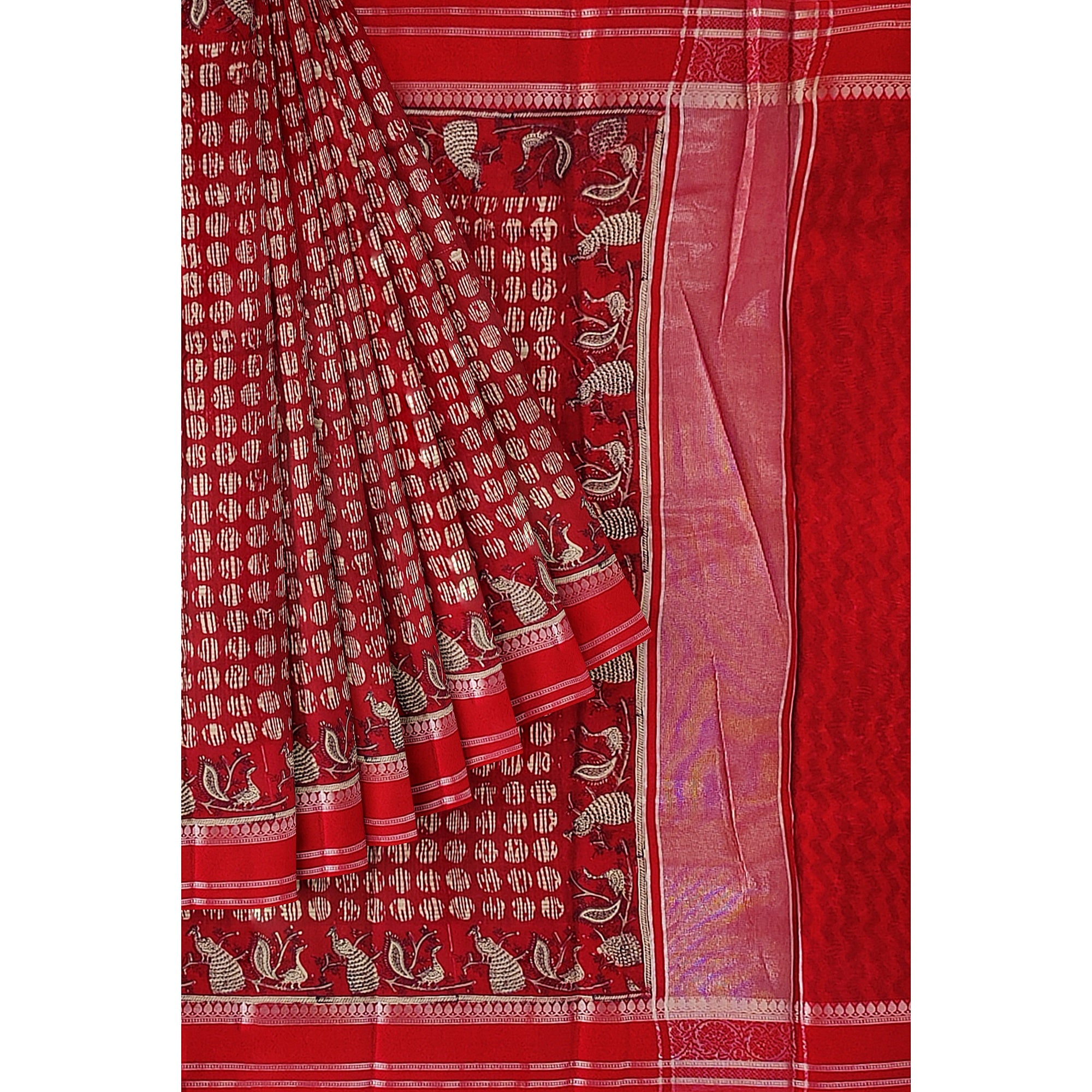 Red Coin Butta Saree – Peacock Designer Border – Shop Online