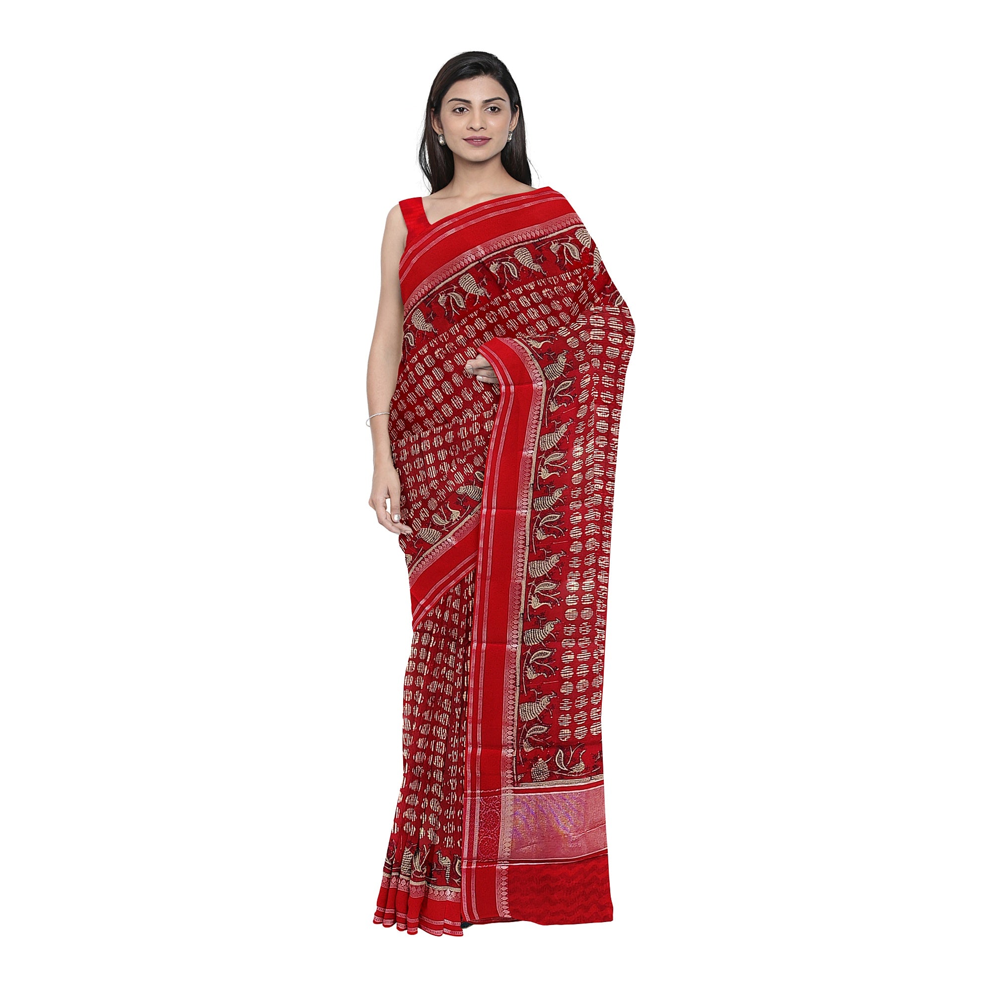 Red Coin Butta Saree – Peacock Designer Border – Shop Online