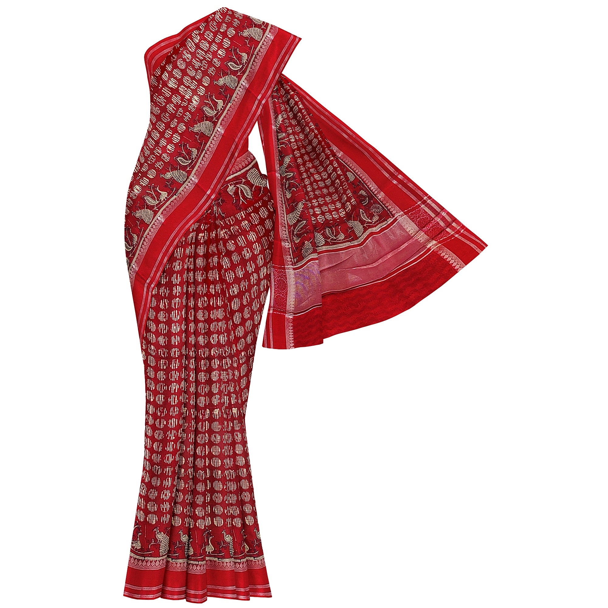 Red Coin Butta Saree – Peacock Designer Border – Shop Online