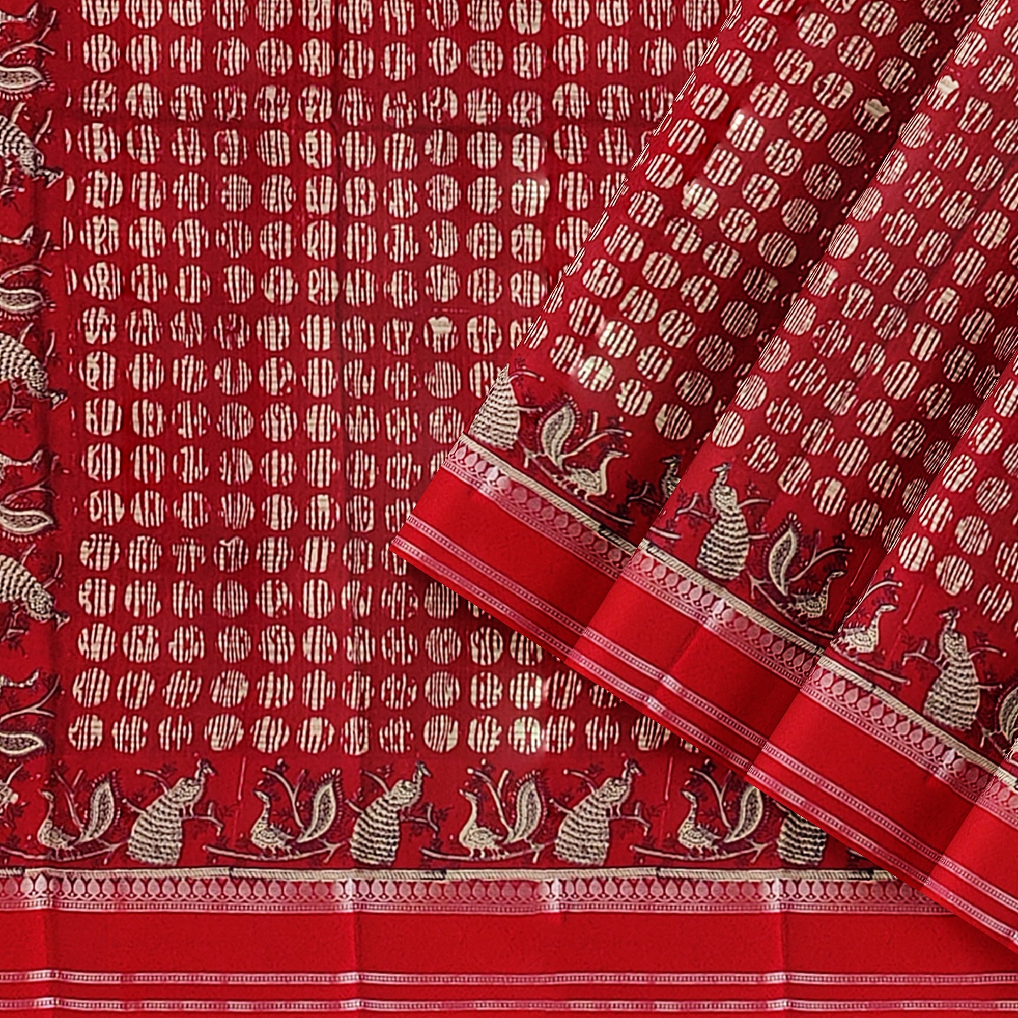 Red Coin Butta Saree – Peacock Designer Border – Shop Online