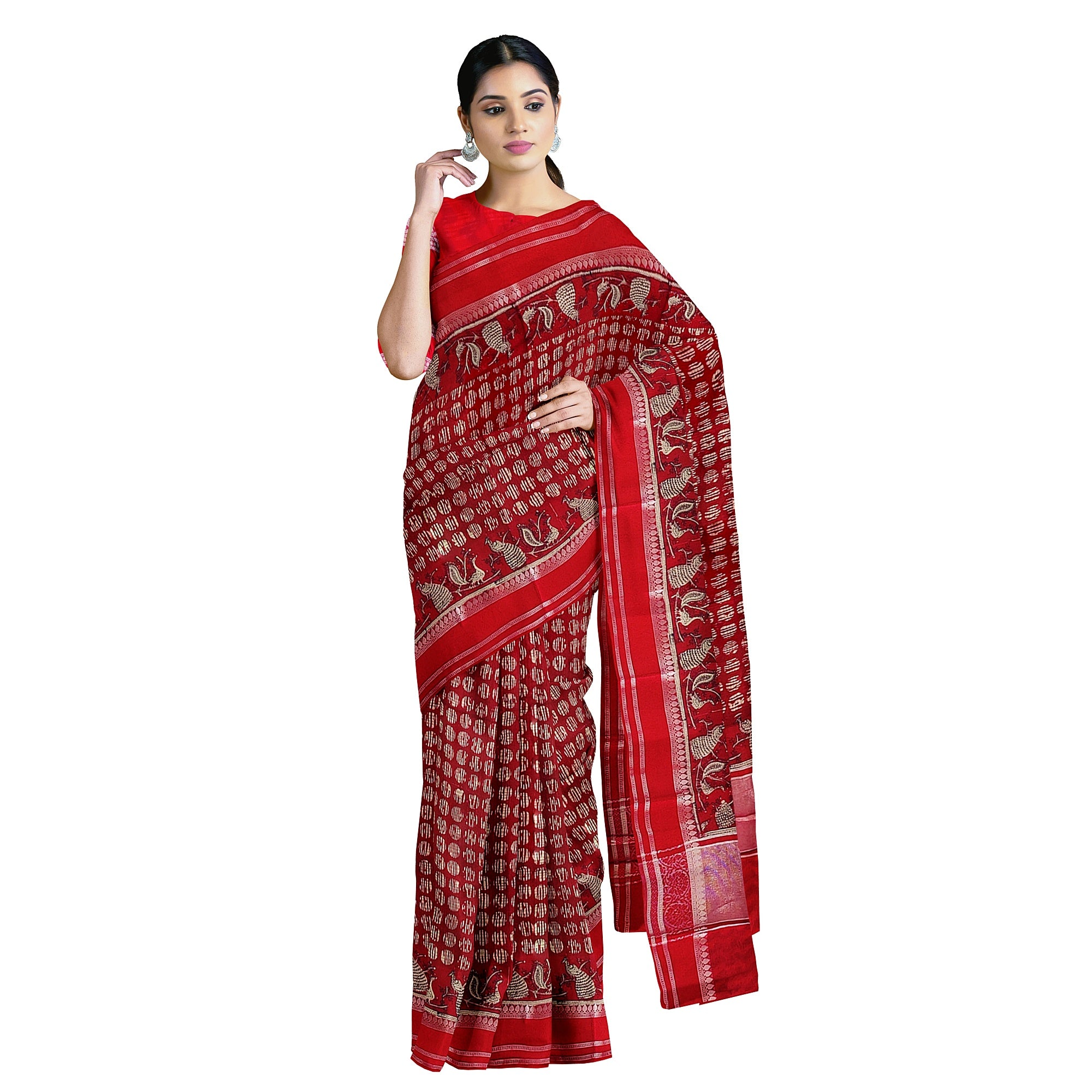 Red Coin Butta Saree – Peacock Designer Border – Shop Online