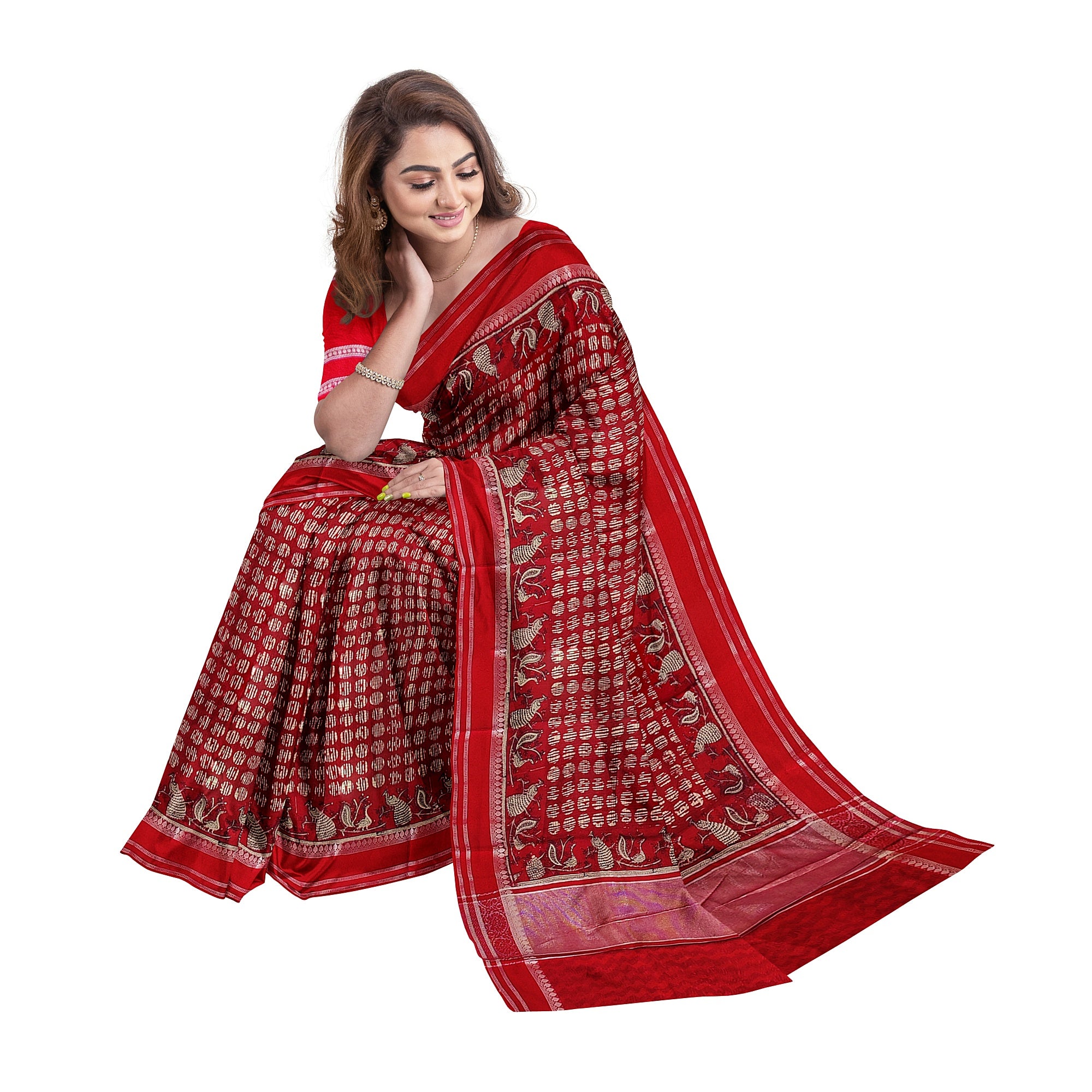 Red Coin Butta Saree – Peacock Designer Border – Shop Online