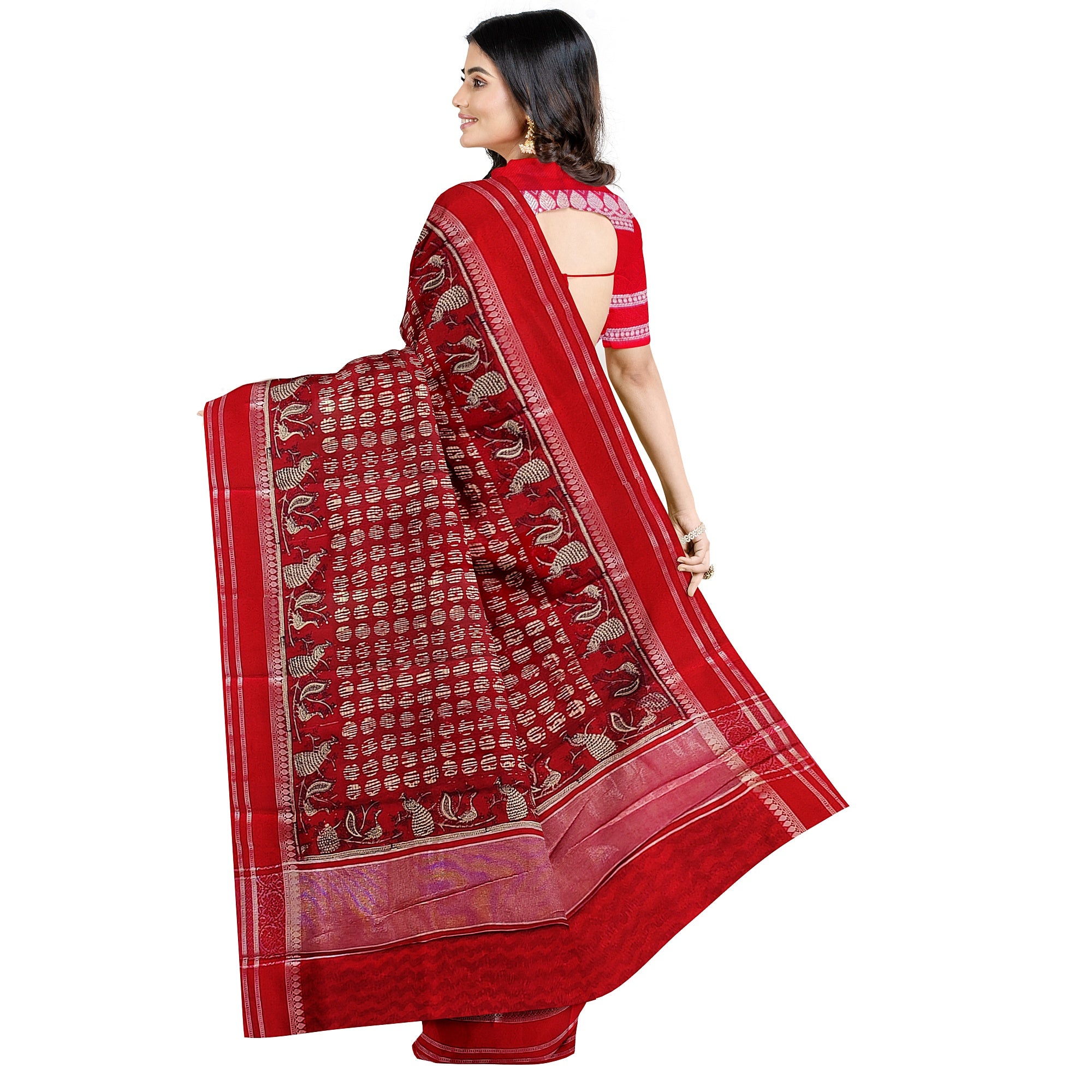 Red Coin Butta Saree – Peacock Designer Border – Shop Online