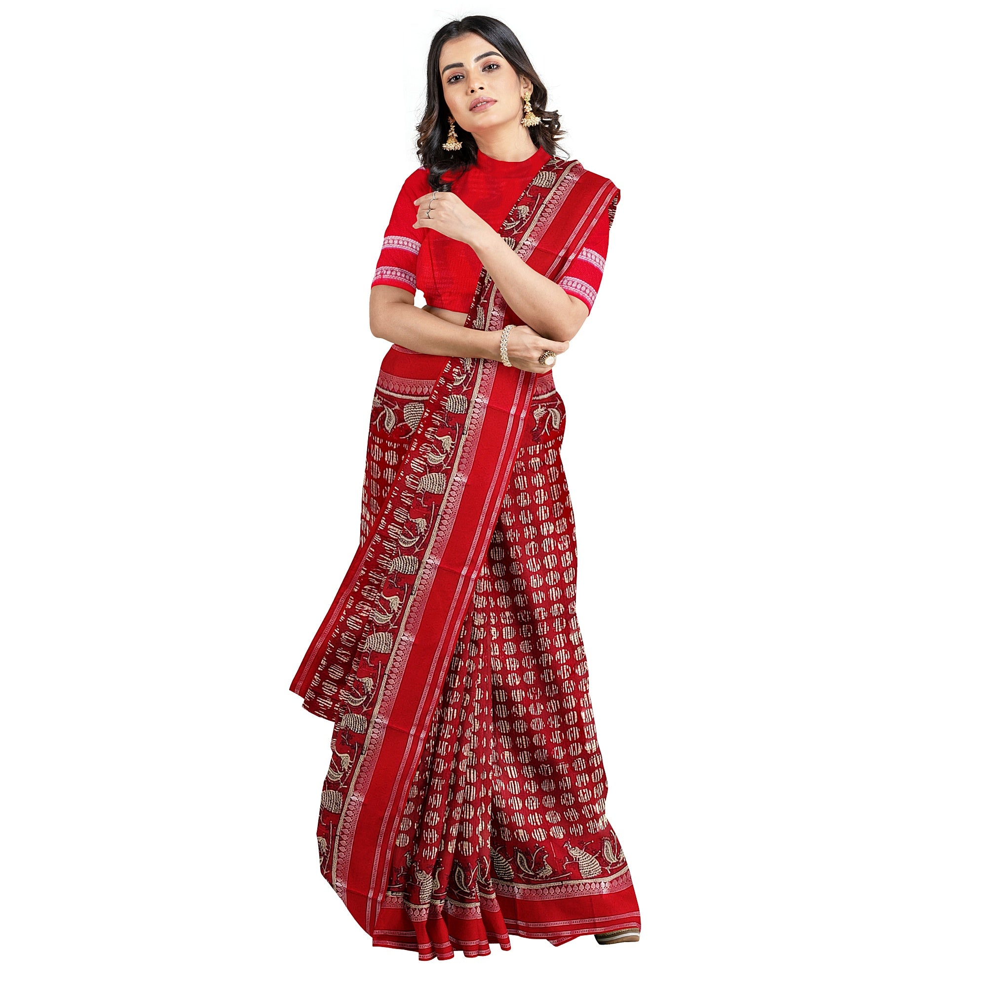 Red Coin Butta Saree – Peacock Designer Border – Shop Online