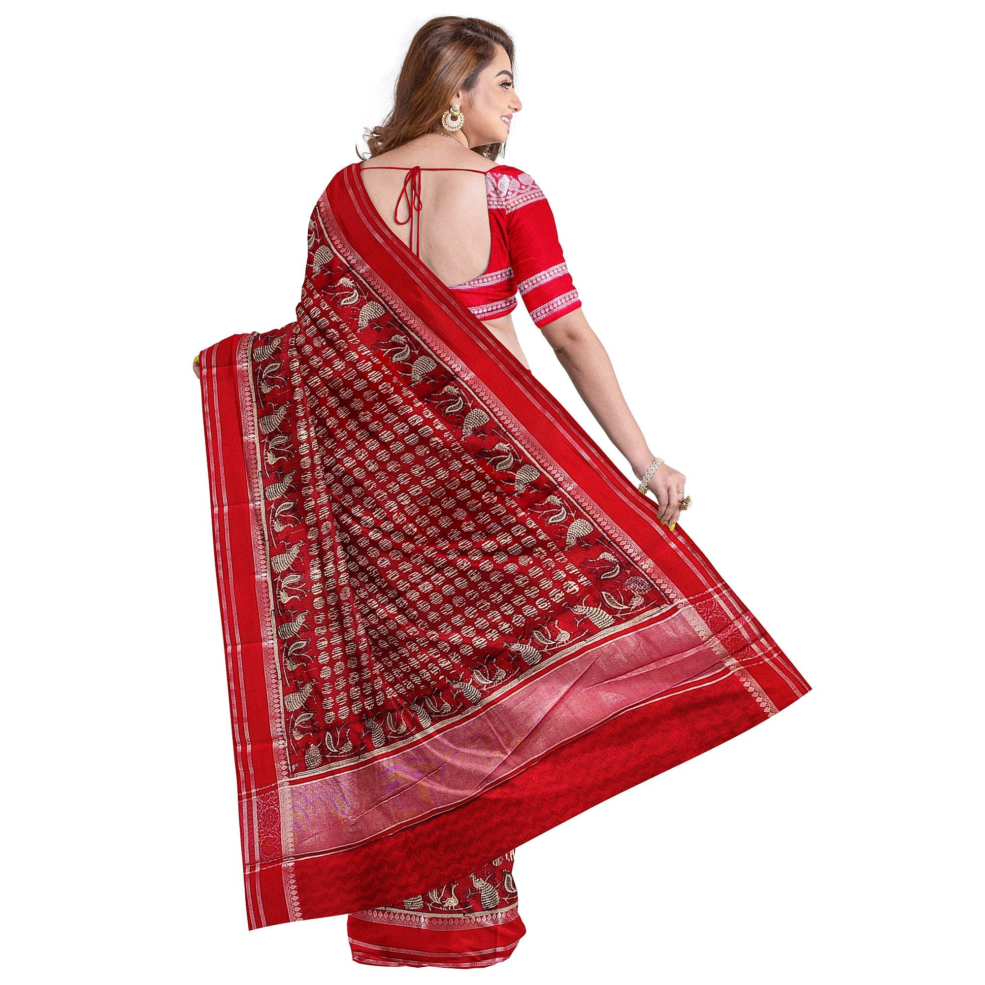 Red Coin Butta Saree – Peacock Designer Border – Shop Online