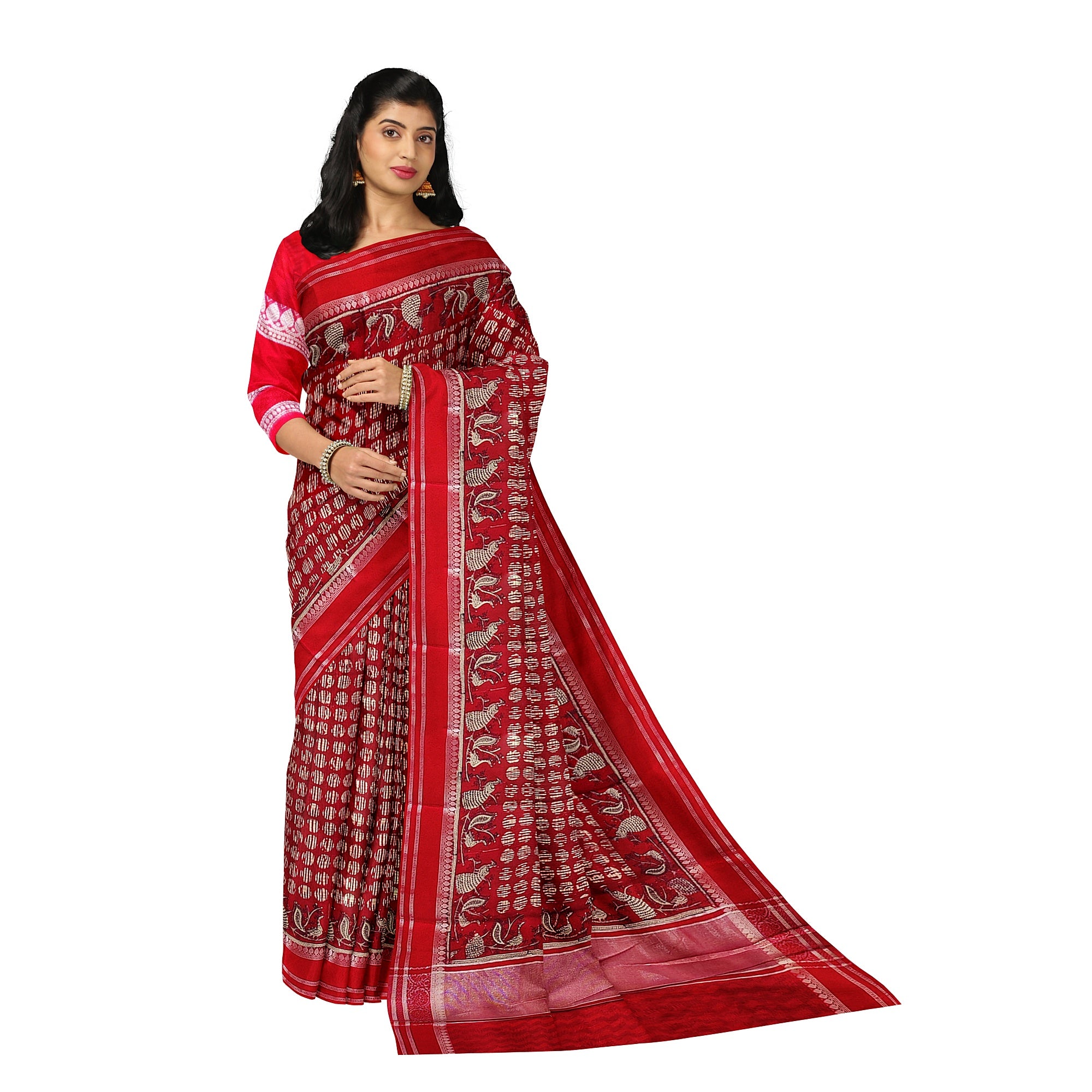 Red Coin Butta Saree – Peacock Designer Border – Shop Online