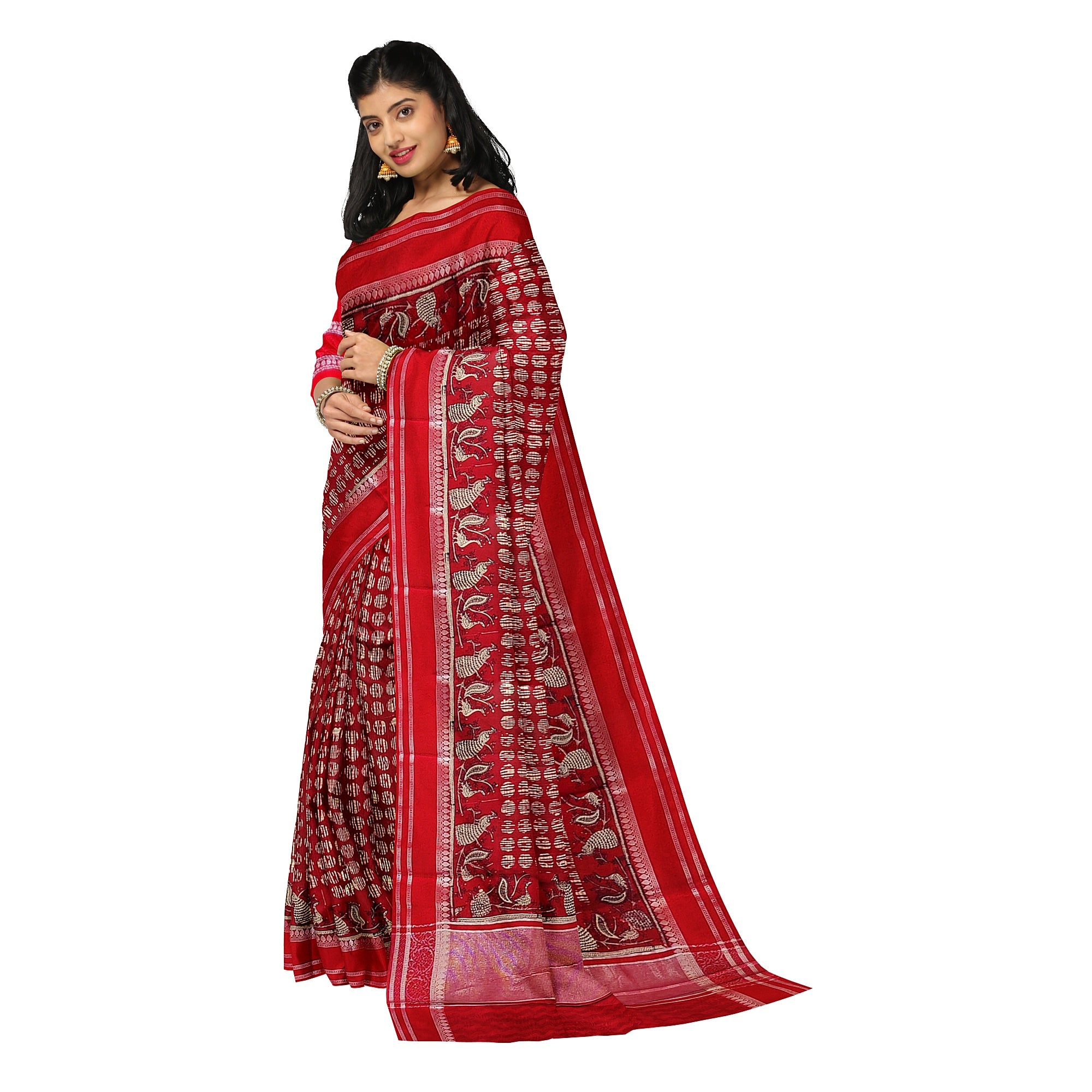 Red Coin Butta Saree – Peacock Designer Border – Shop Online