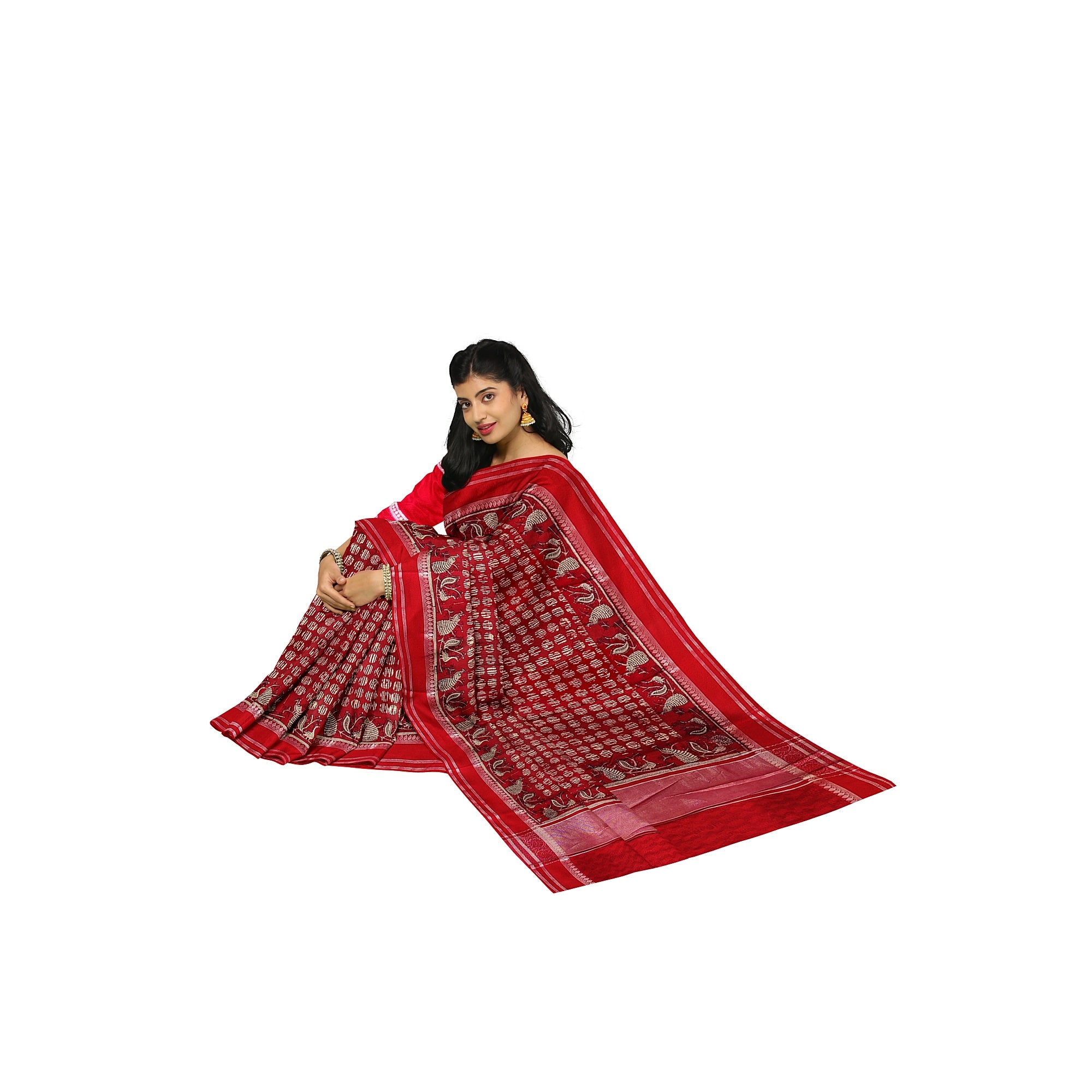 Red Coin Butta Saree – Peacock Designer Border – Shop Online