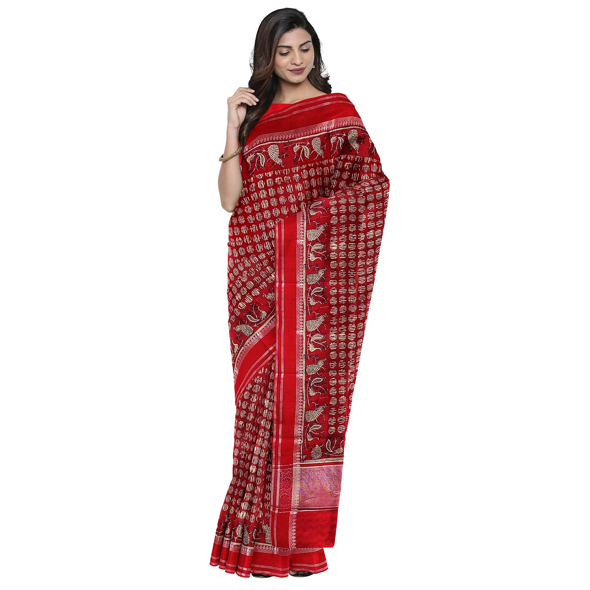 Red Coin Butta Saree – Peacock Designer Border – Shop Online