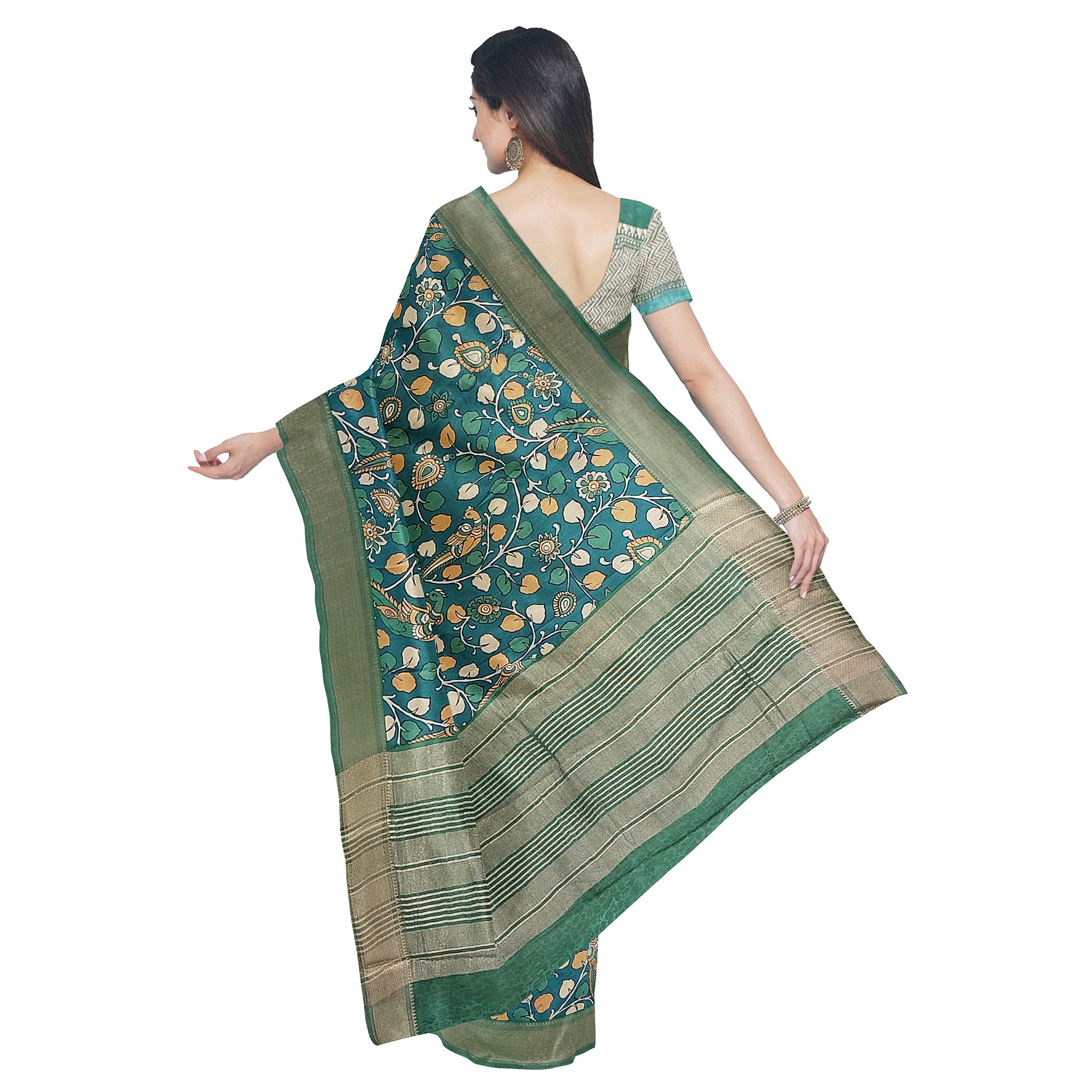 Green Saree – Peacock Floral Print – Shop Online