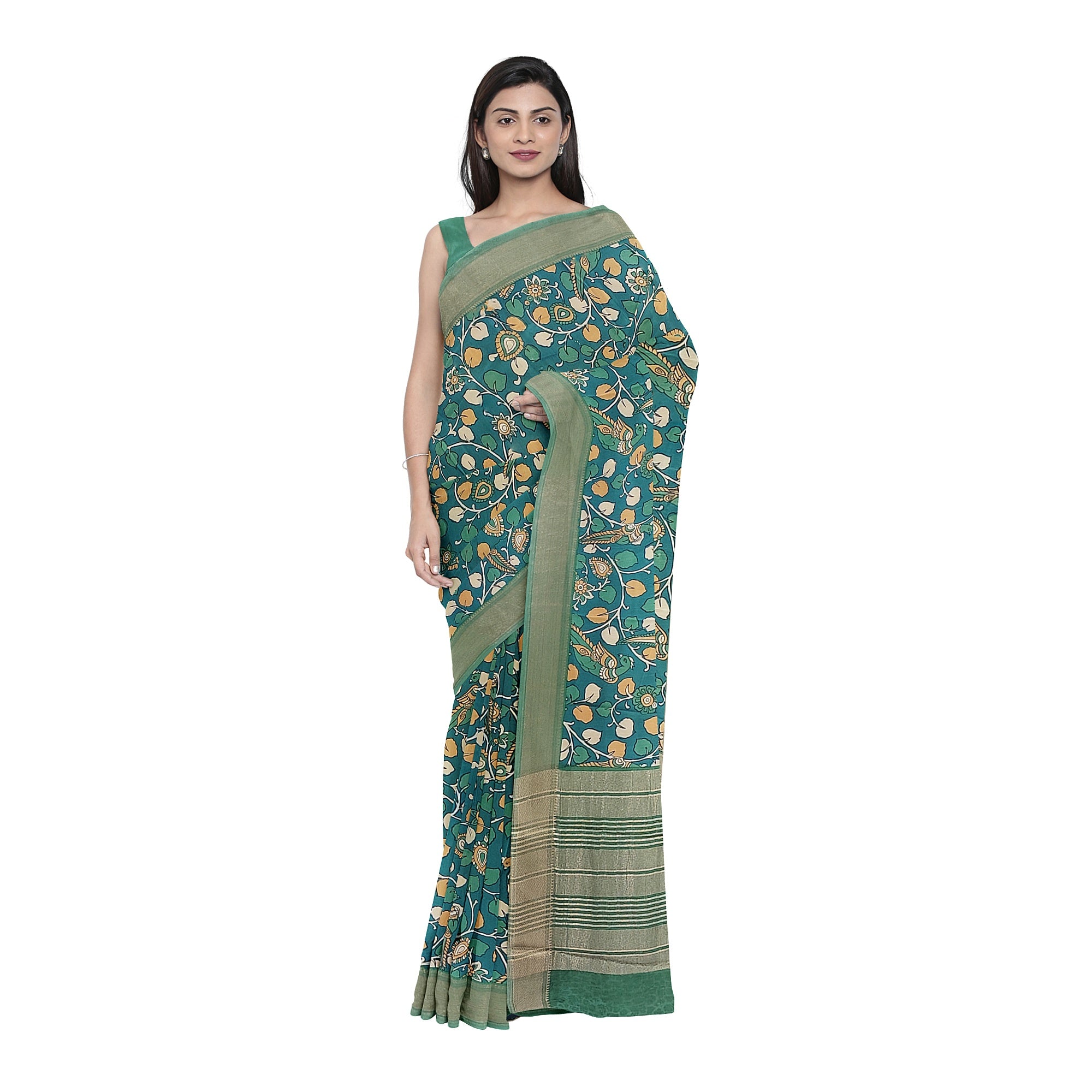 Green Saree – Peacock Floral Print – Shop Online