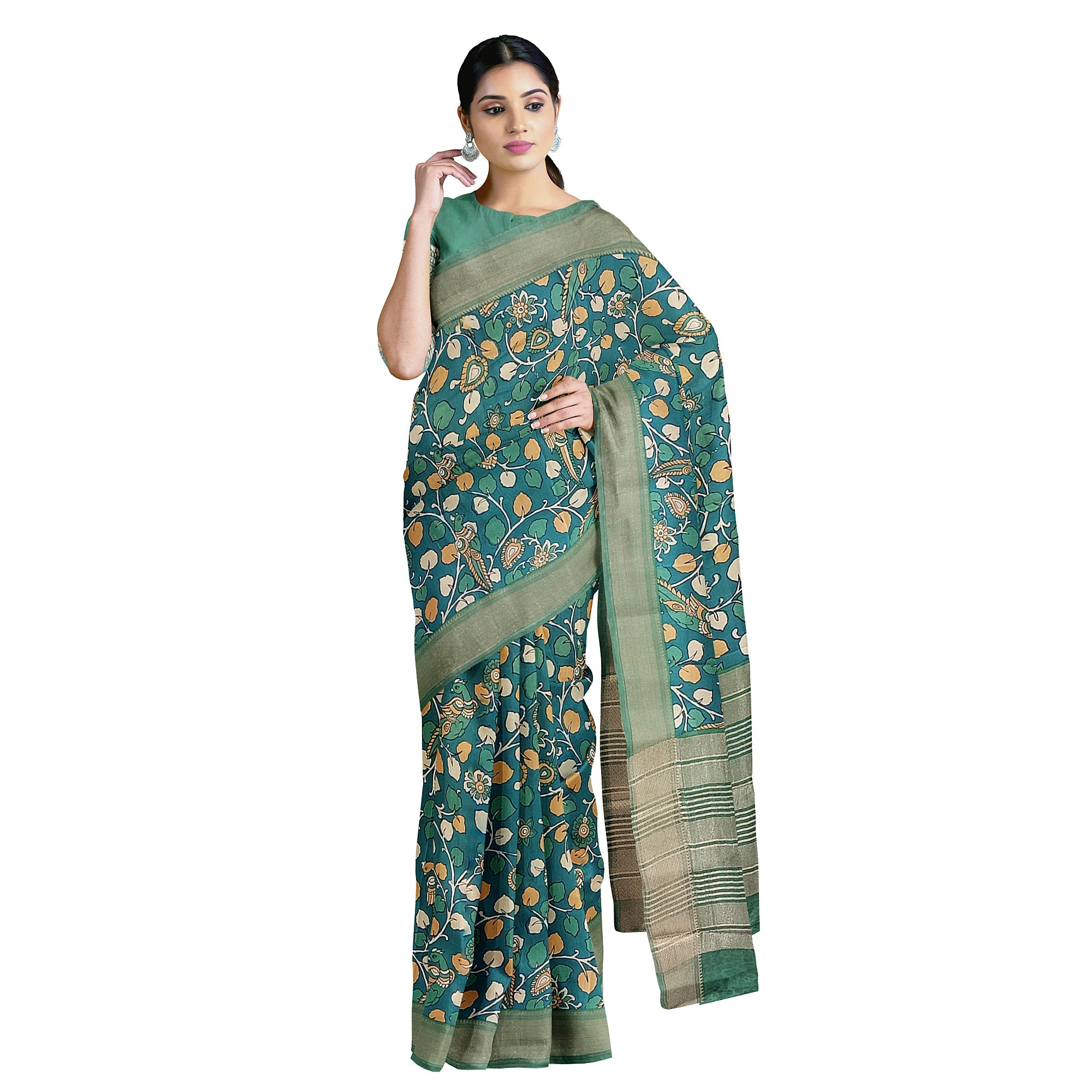 Green Saree – Peacock Floral Print – Shop Online