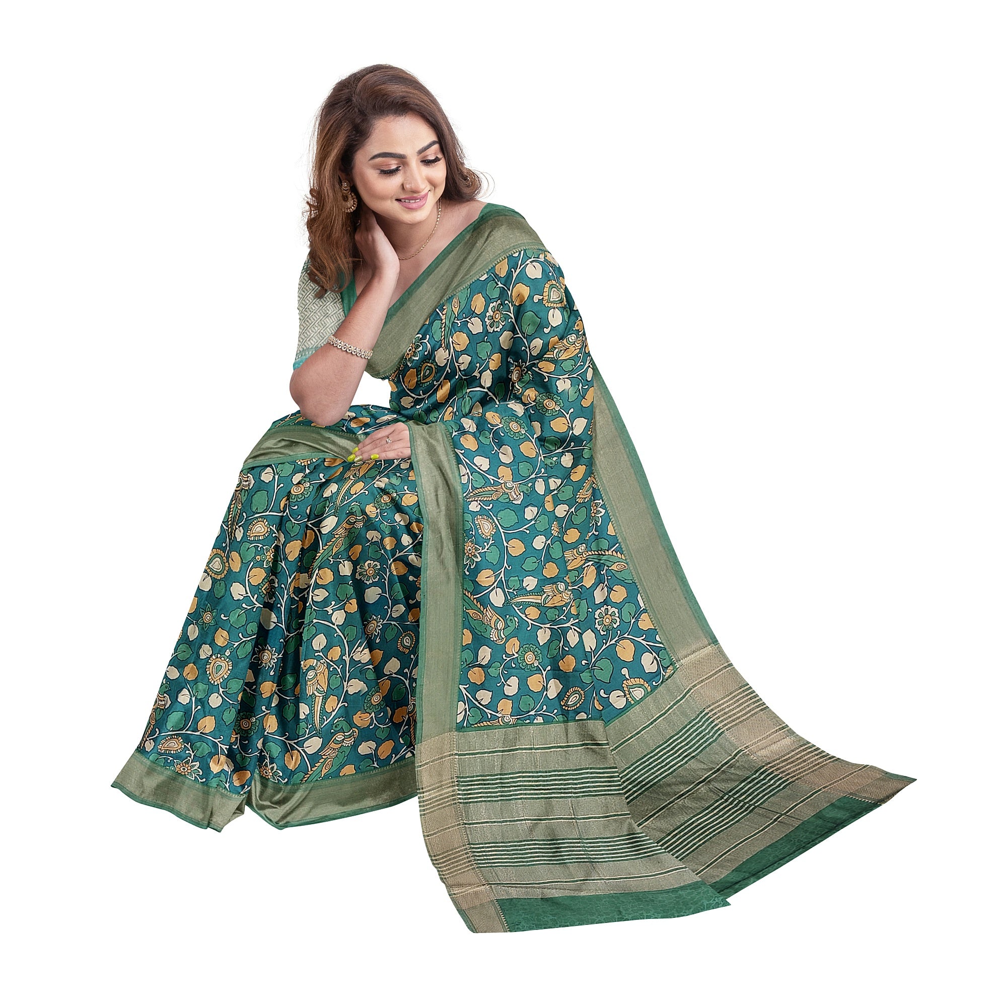 Green Saree – Peacock Floral Print – Shop Online
