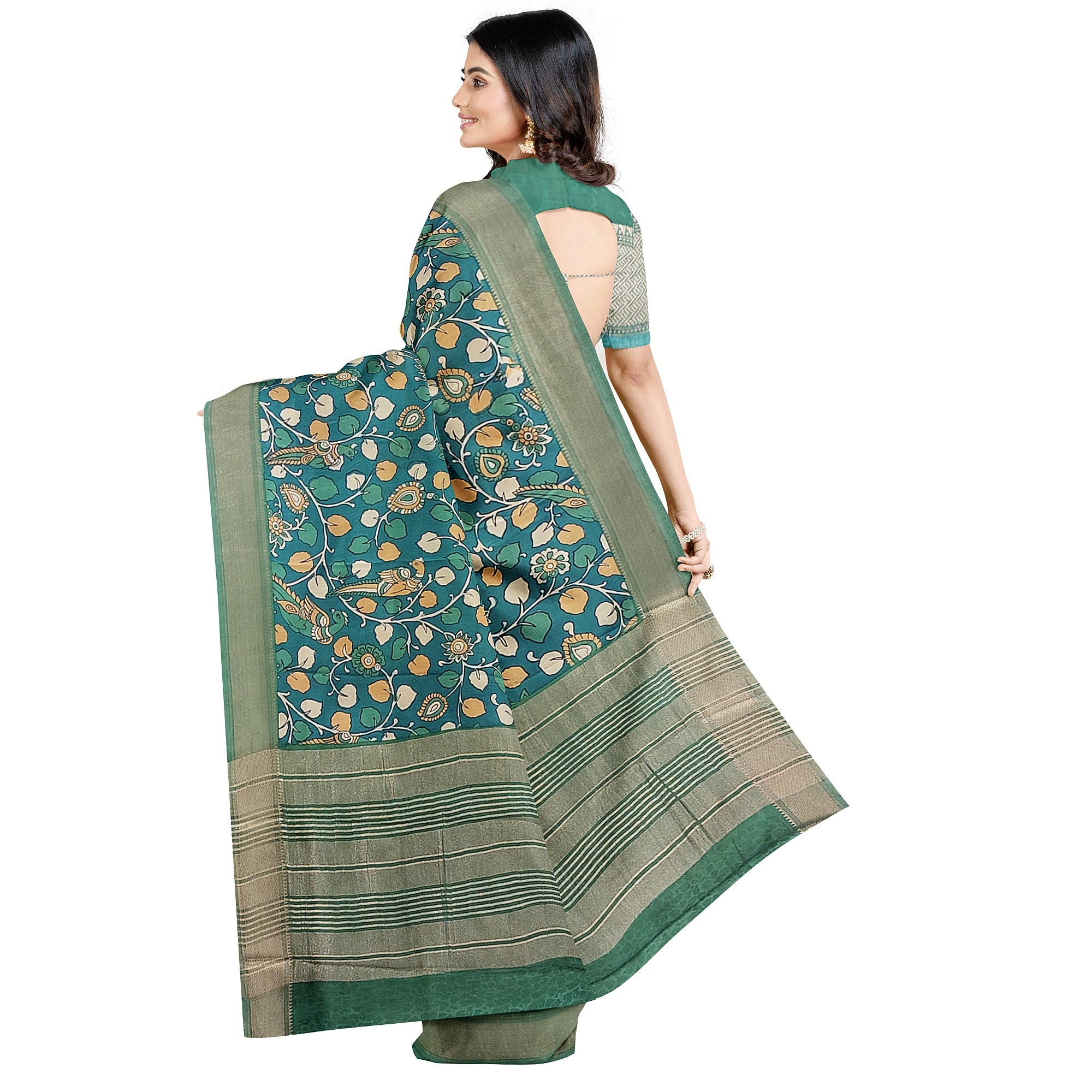 Green Saree – Peacock Floral Print – Shop Online
