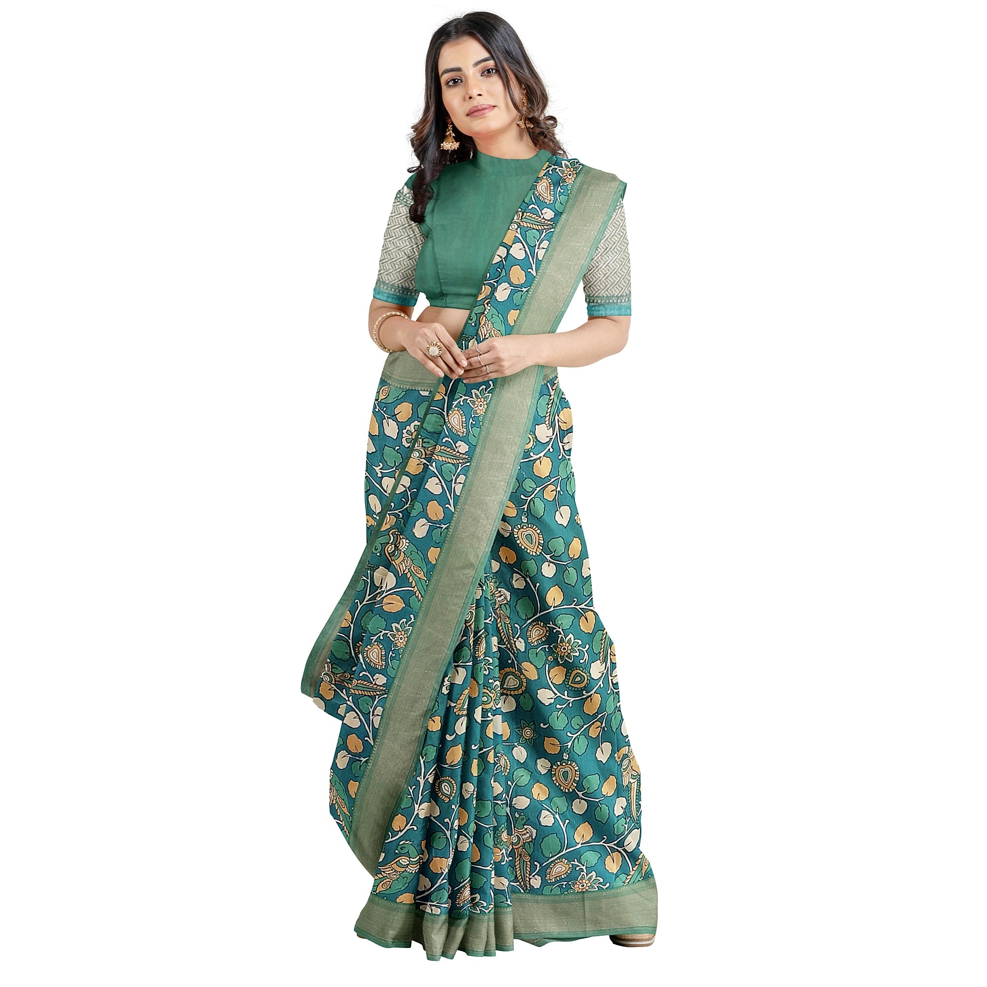 Green Saree – Peacock Floral Print – Shop Online