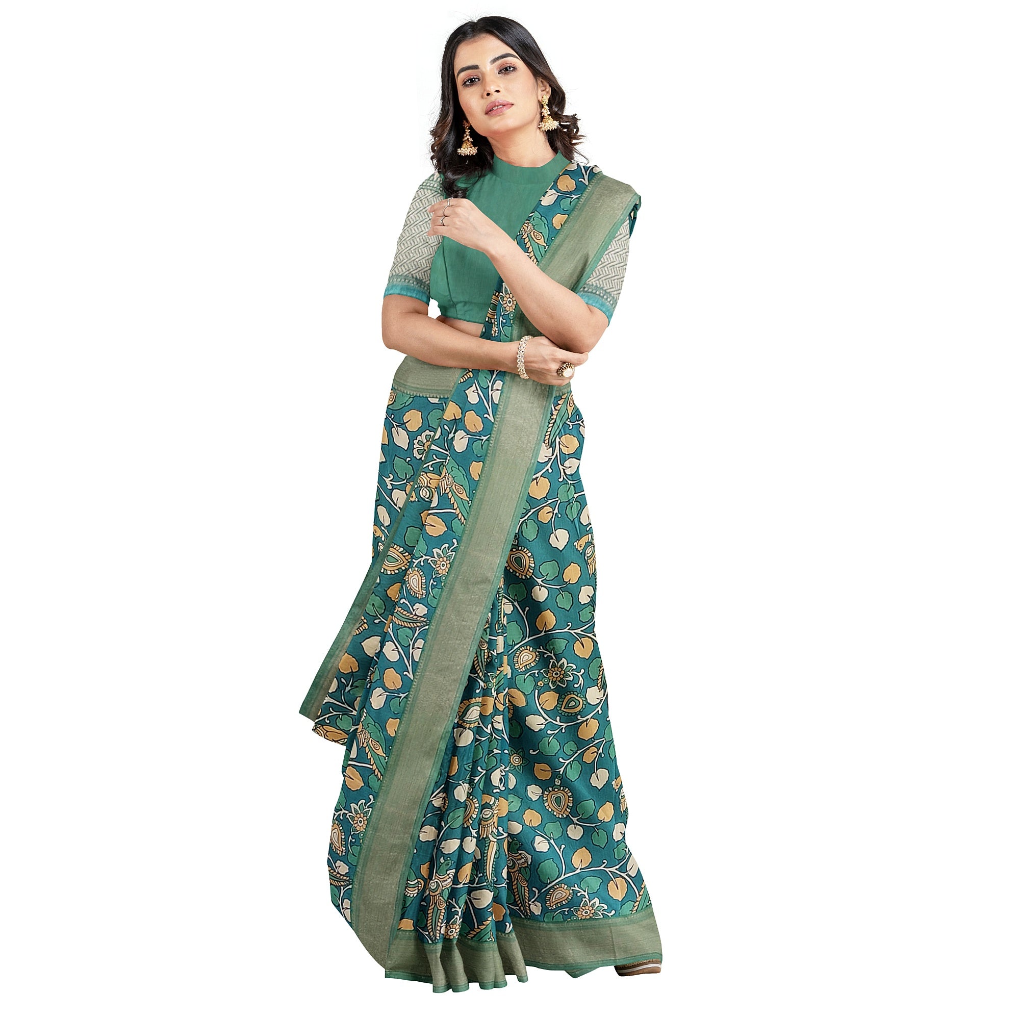 Green Saree – Peacock Floral Print – Shop Online