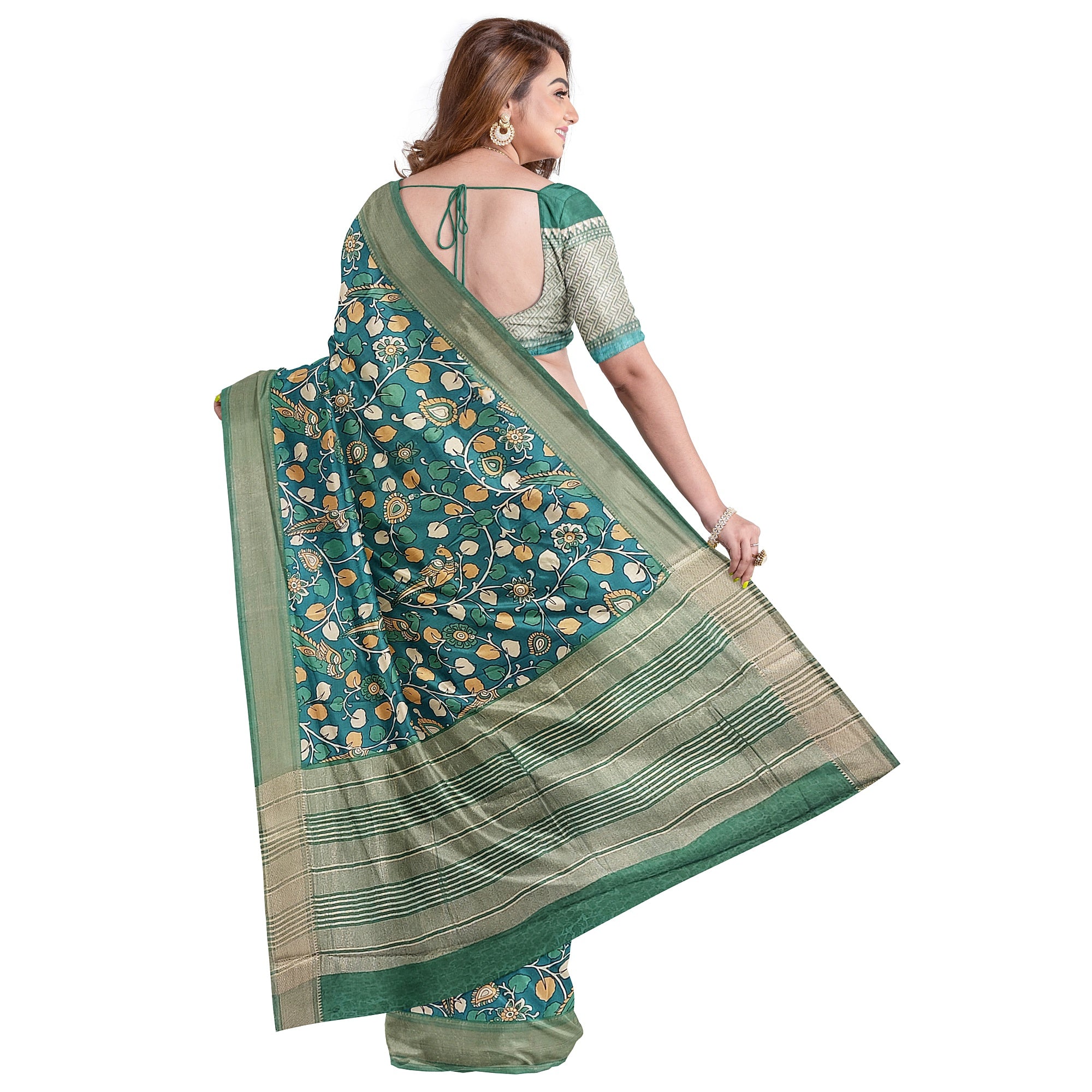Green Saree – Peacock Floral Print – Shop Online