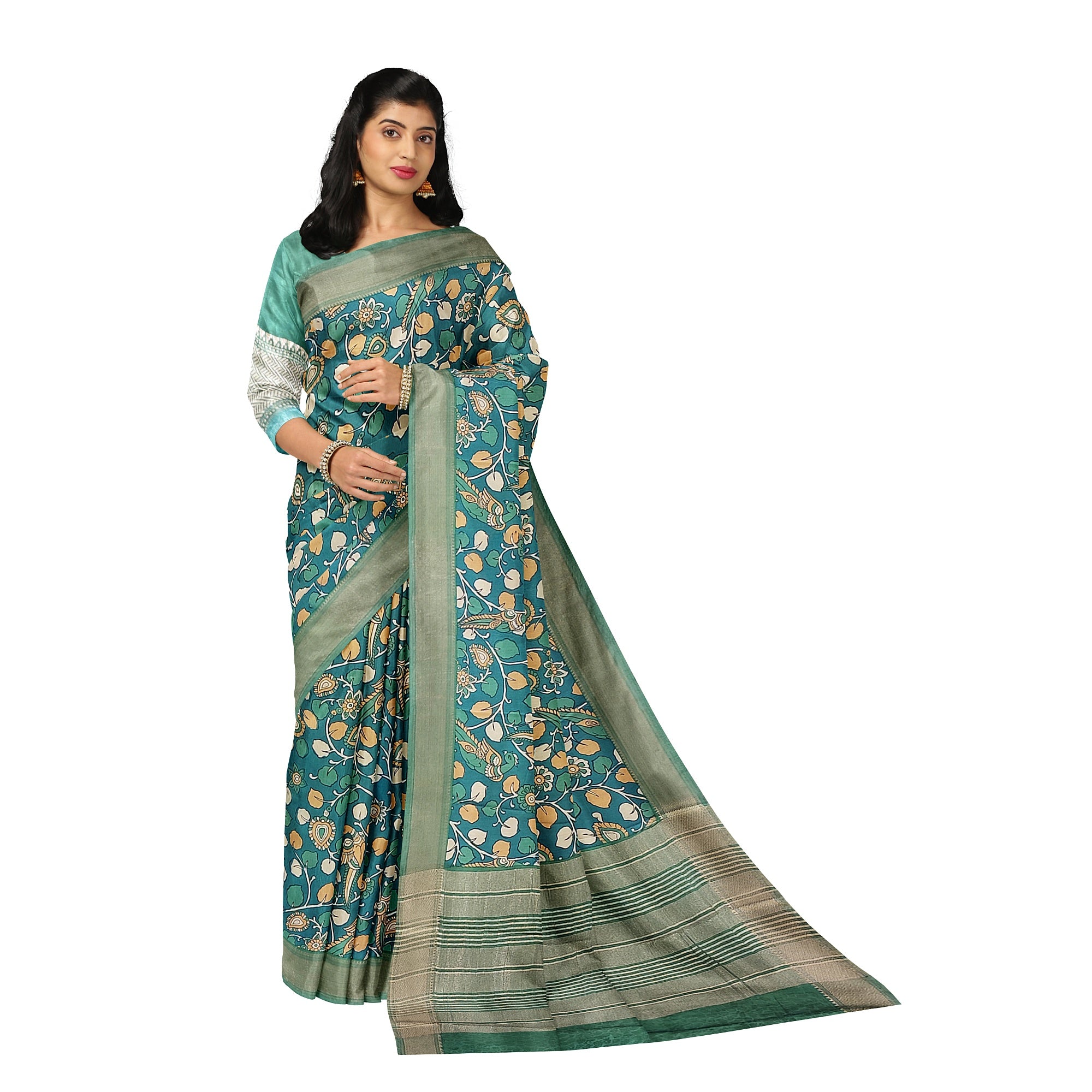 Green Saree – Peacock Floral Print – Shop Online