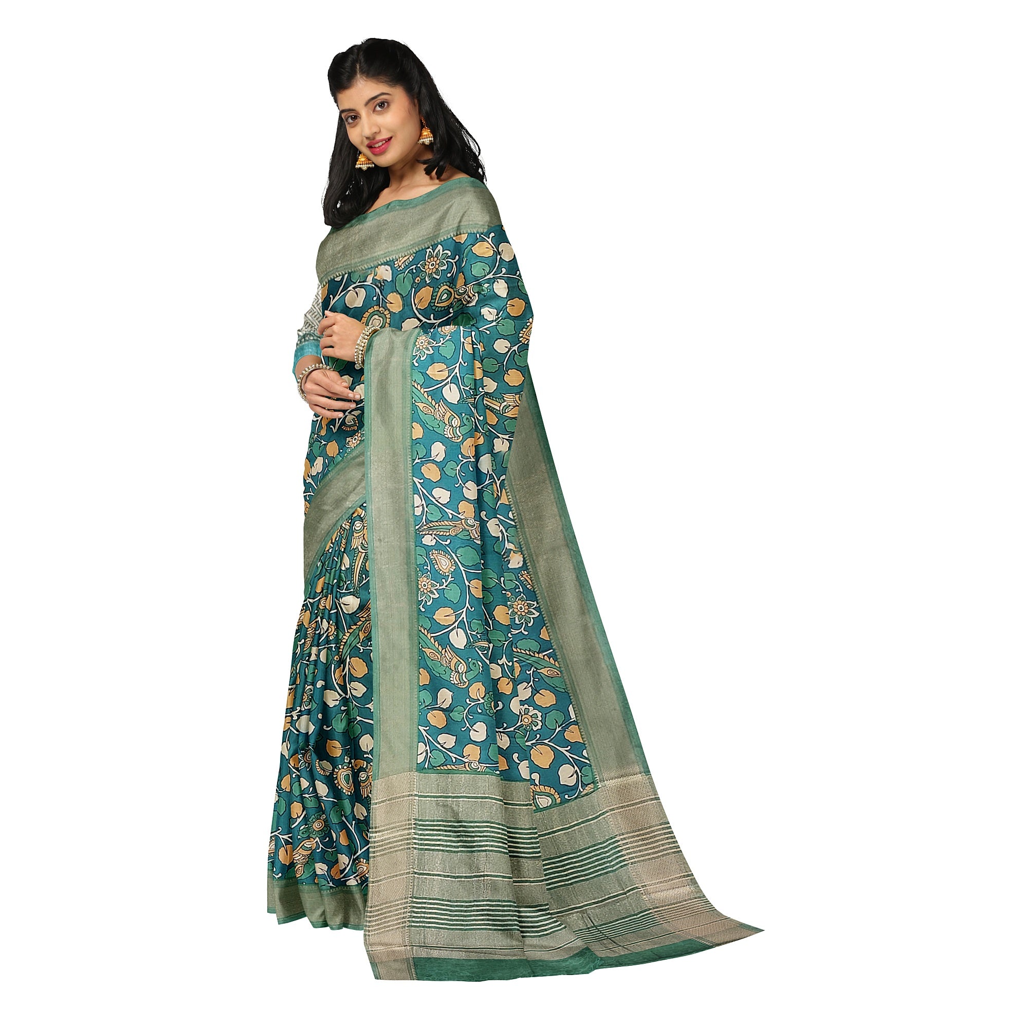 Green Saree – Peacock Floral Print – Shop Online