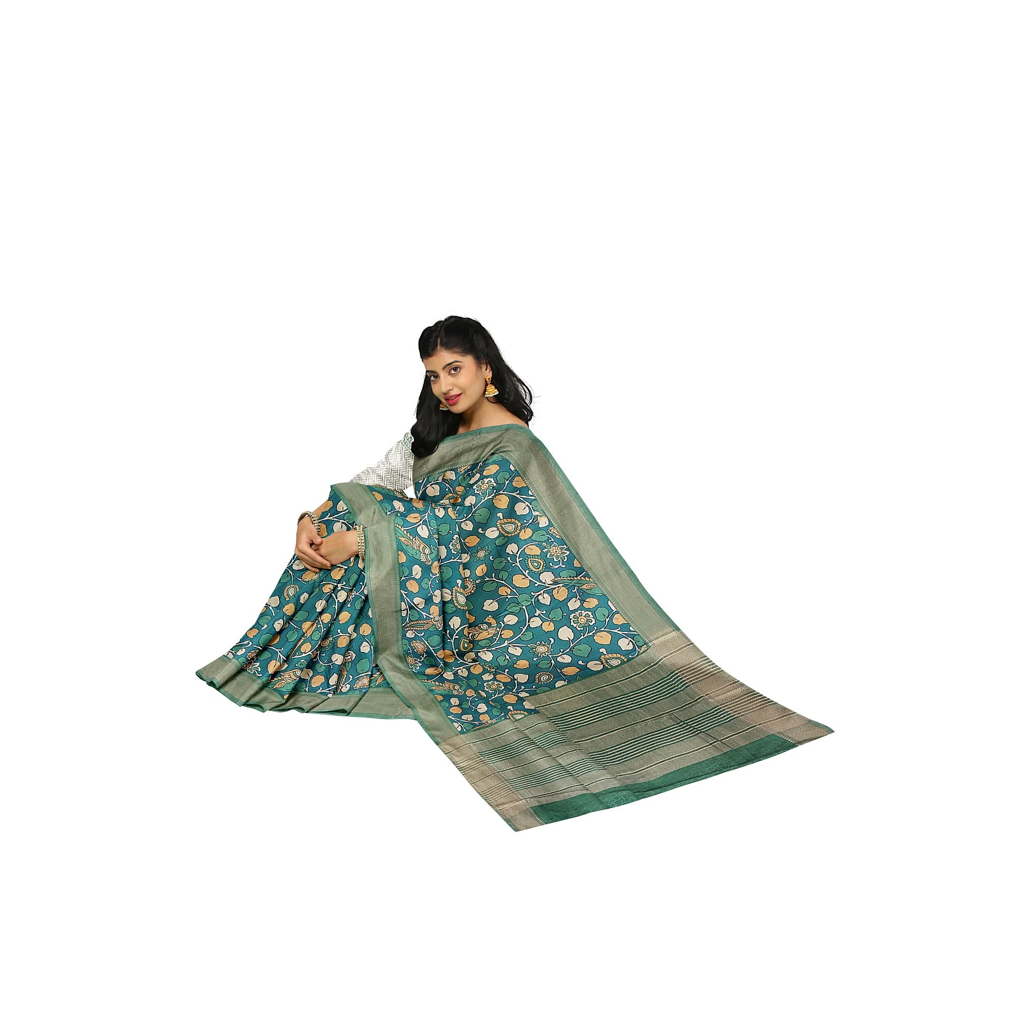 Green Saree – Peacock Floral Print – Shop Online