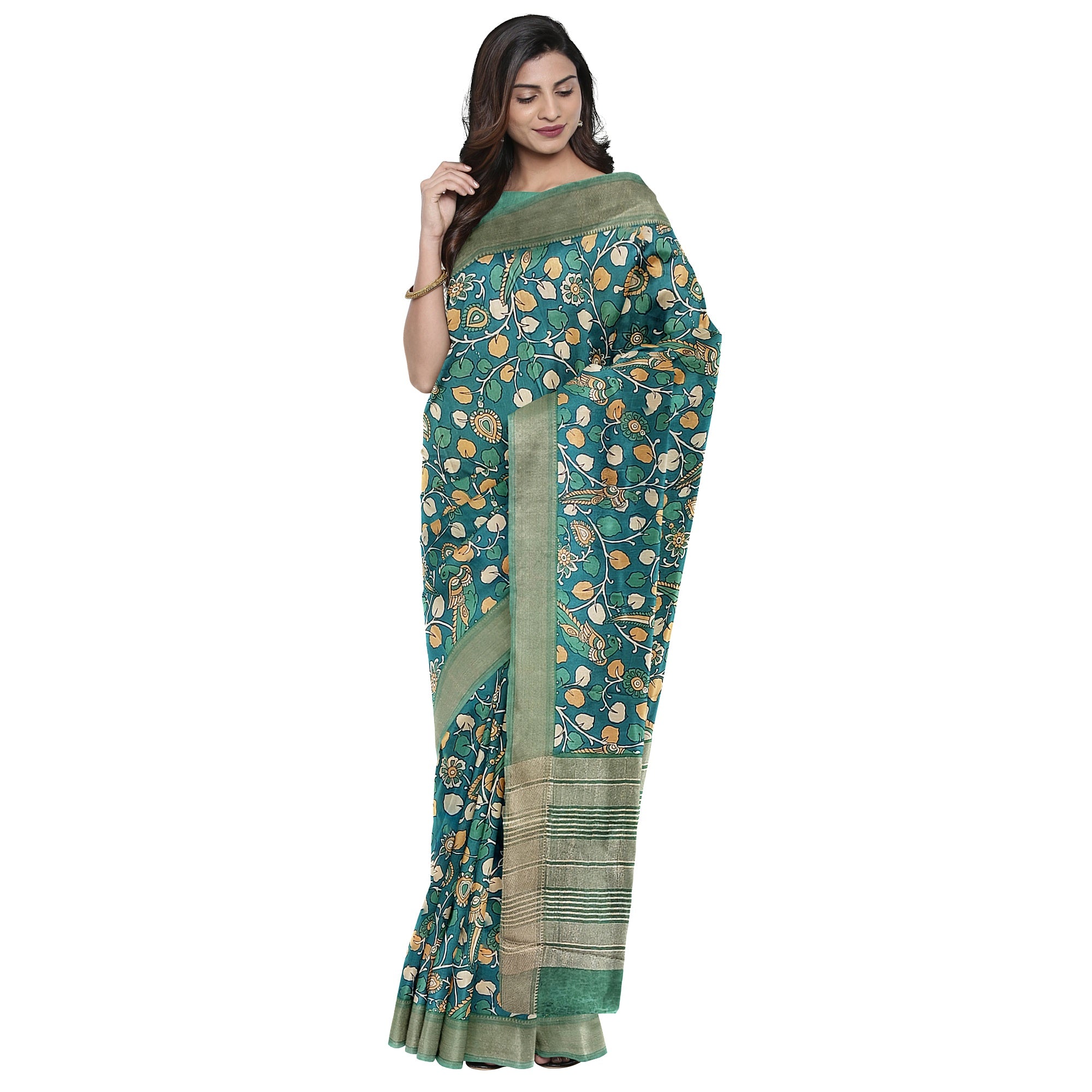 Green Saree – Peacock Floral Print – Shop Online