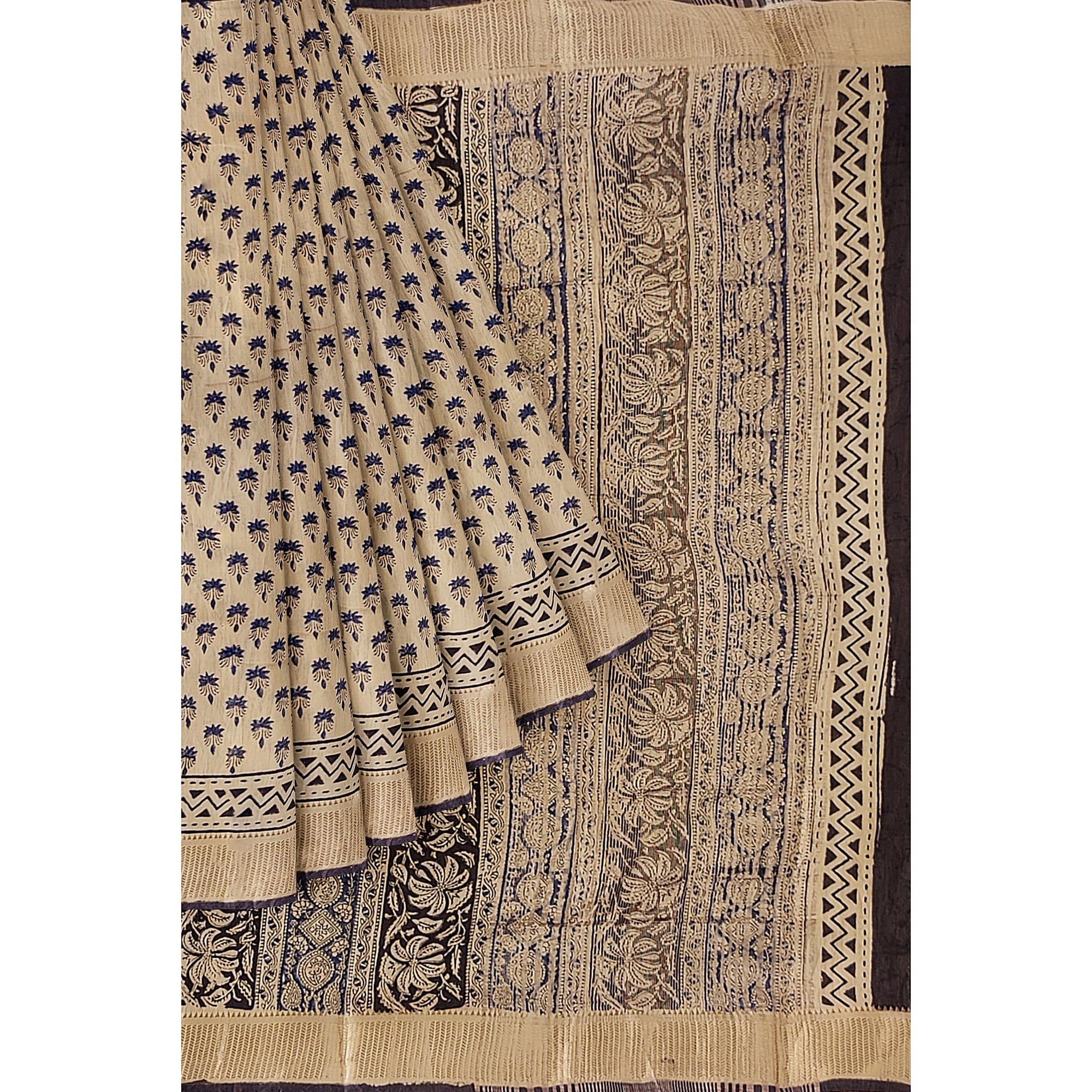 Cream Saree – Blue Printed Design – Shop Online