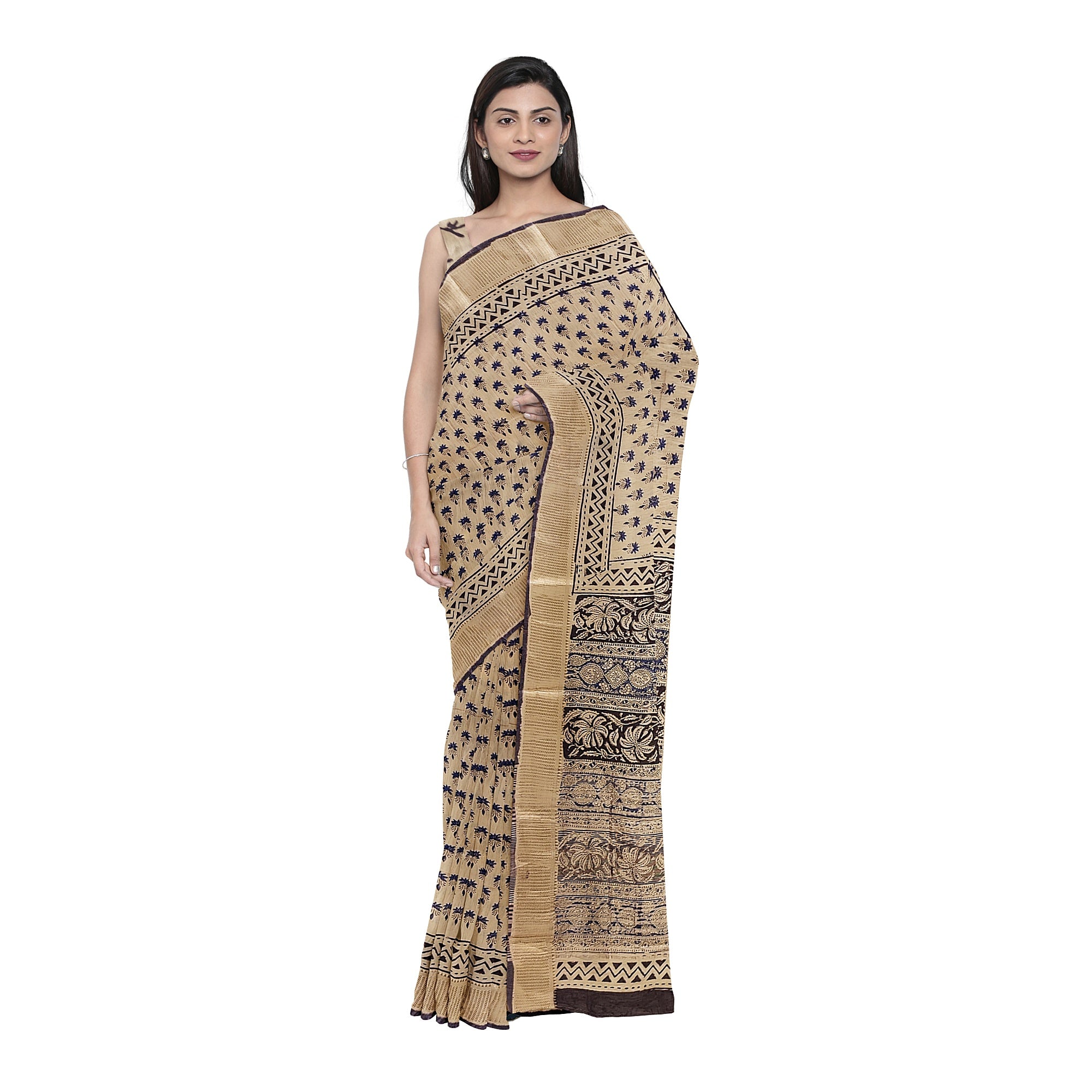 Cream Saree – Blue Printed Design – Shop Online