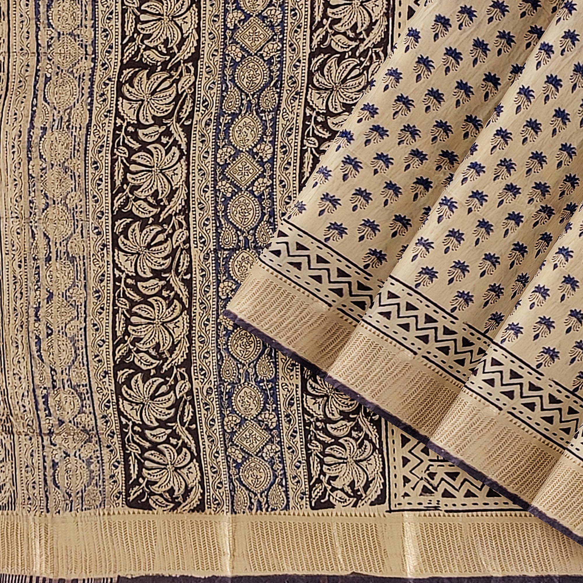 Cream Saree – Blue Printed Design – Shop Online