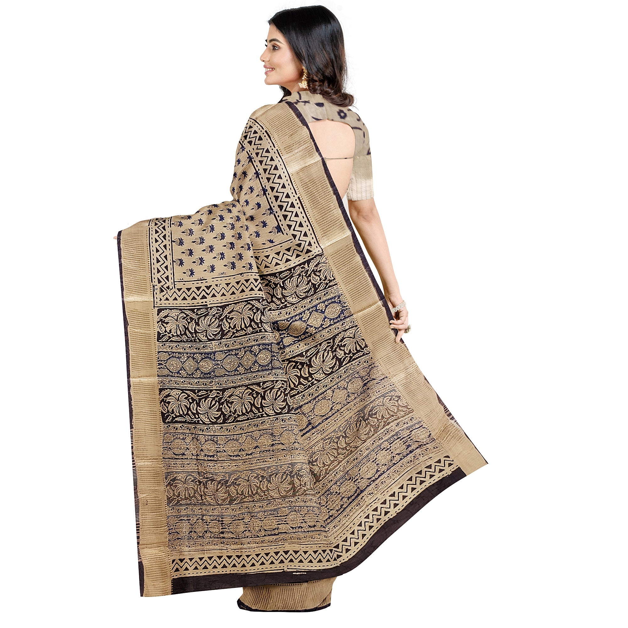 Cream Saree – Blue Printed Design – Shop Online