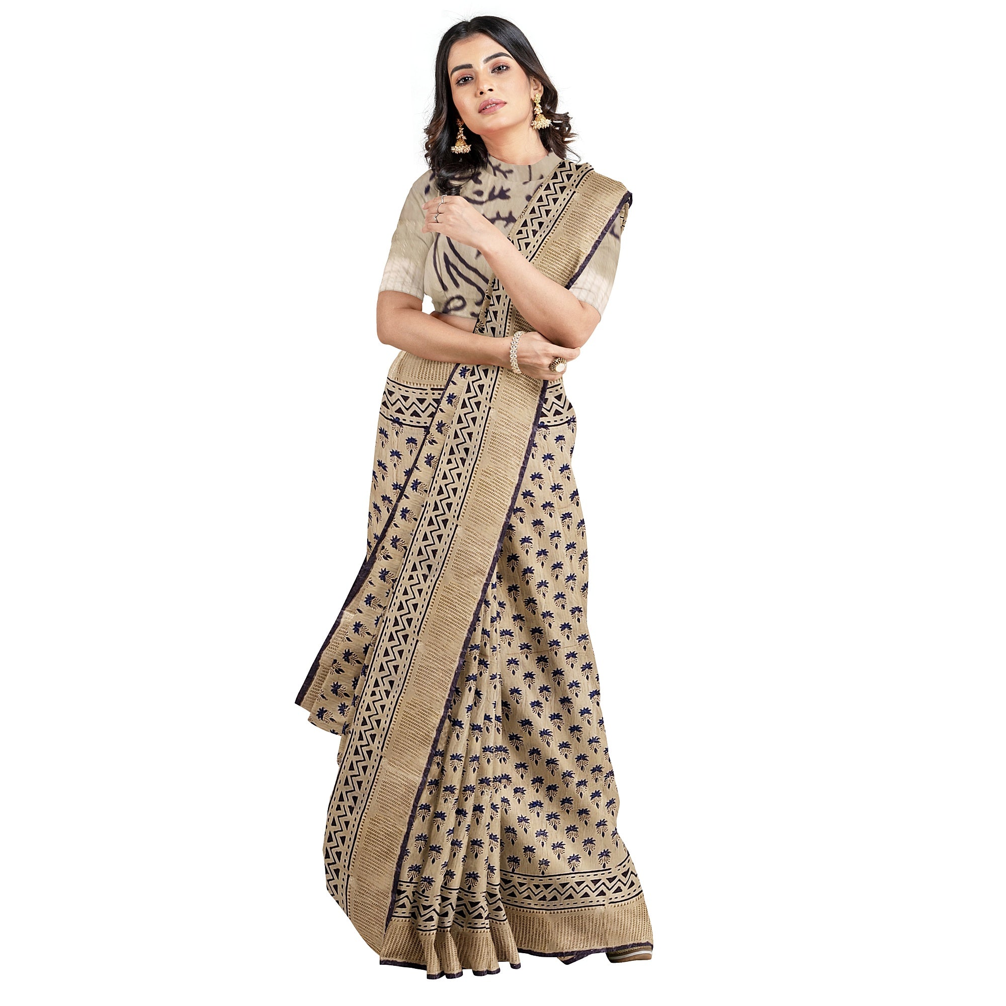 Cream Saree – Blue Printed Design – Shop Online