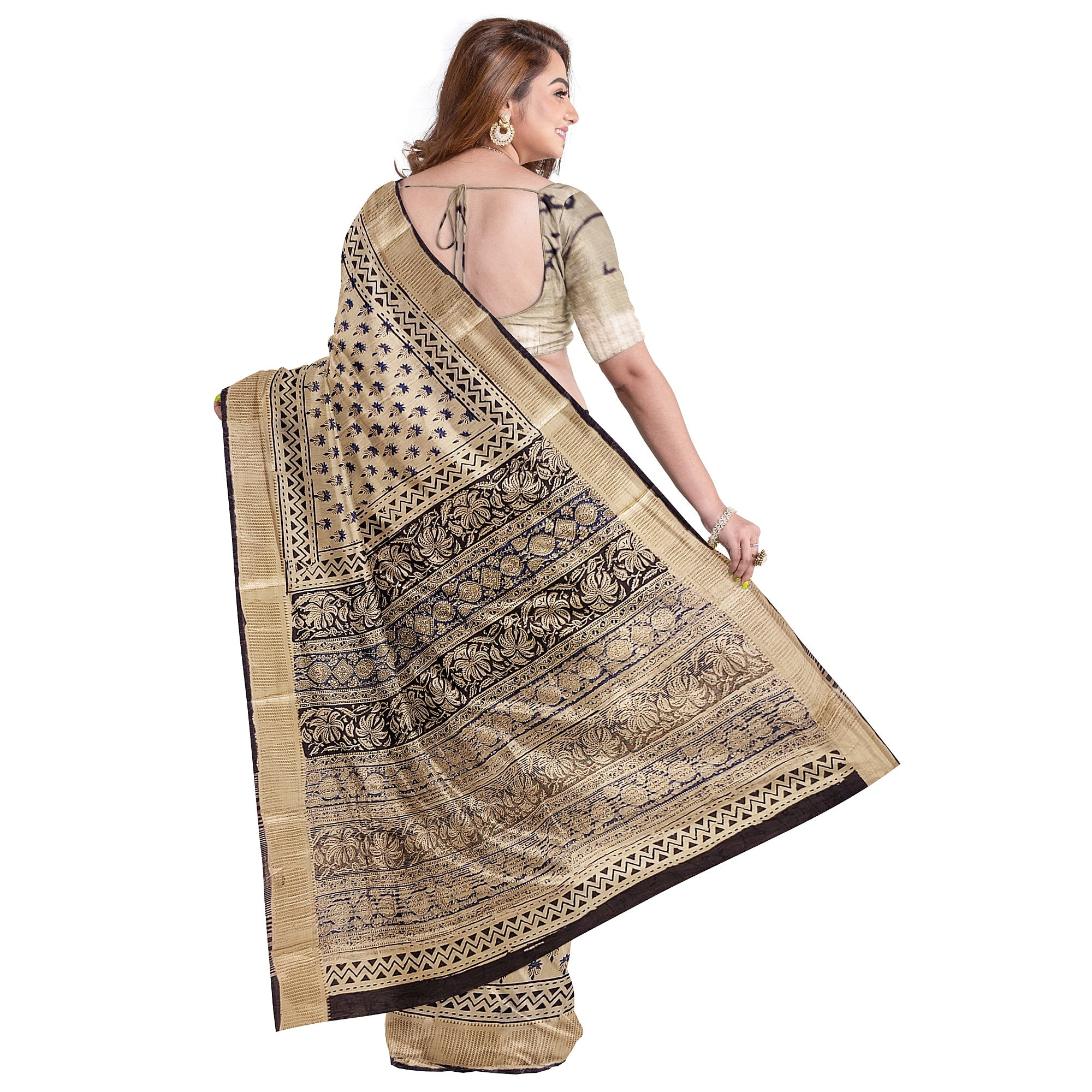 Cream Saree – Blue Printed Design – Shop Online